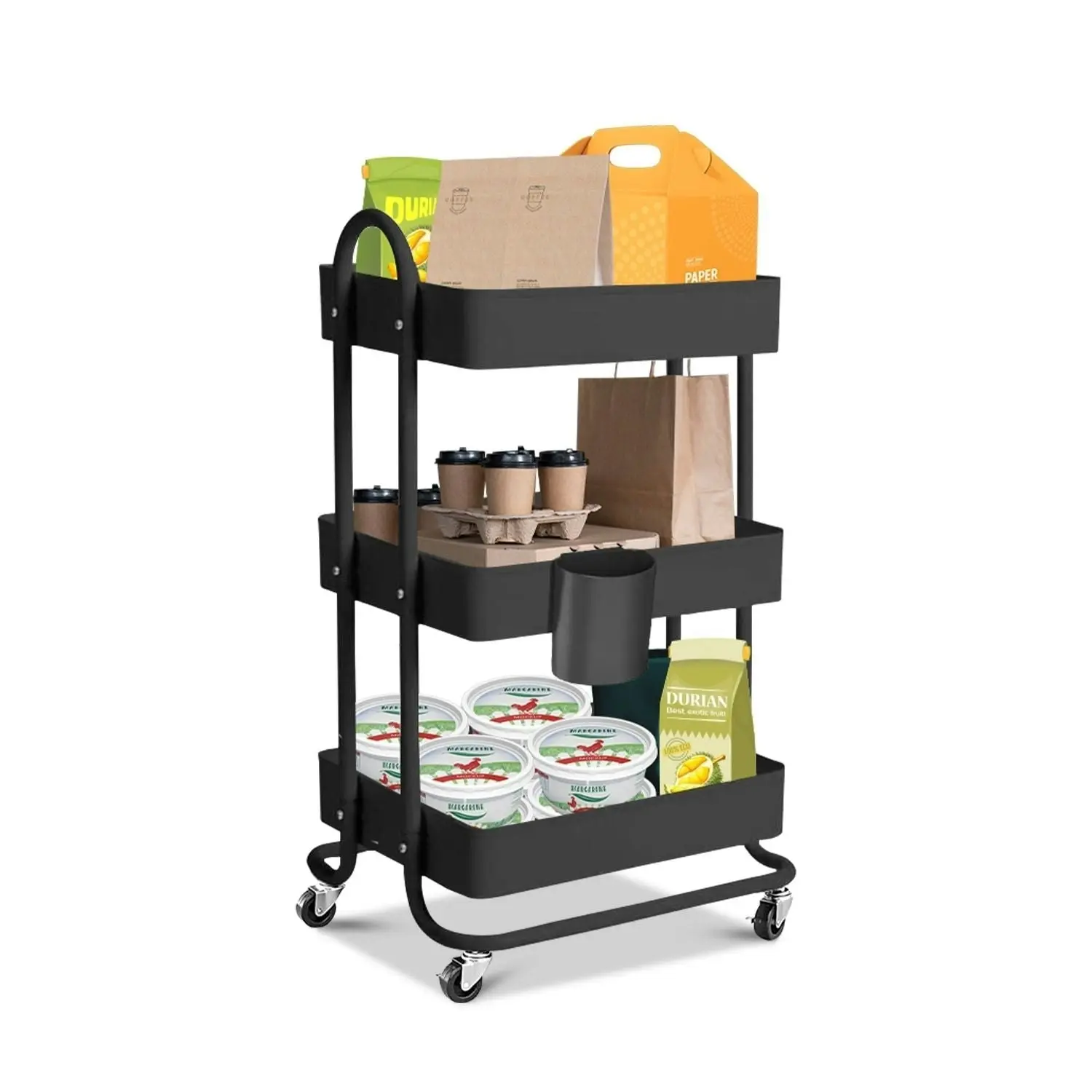 Ekkio Kitchen Trolley Cart 3 Tiers Storage Rack Steel Shelf Organiser Wheels Black