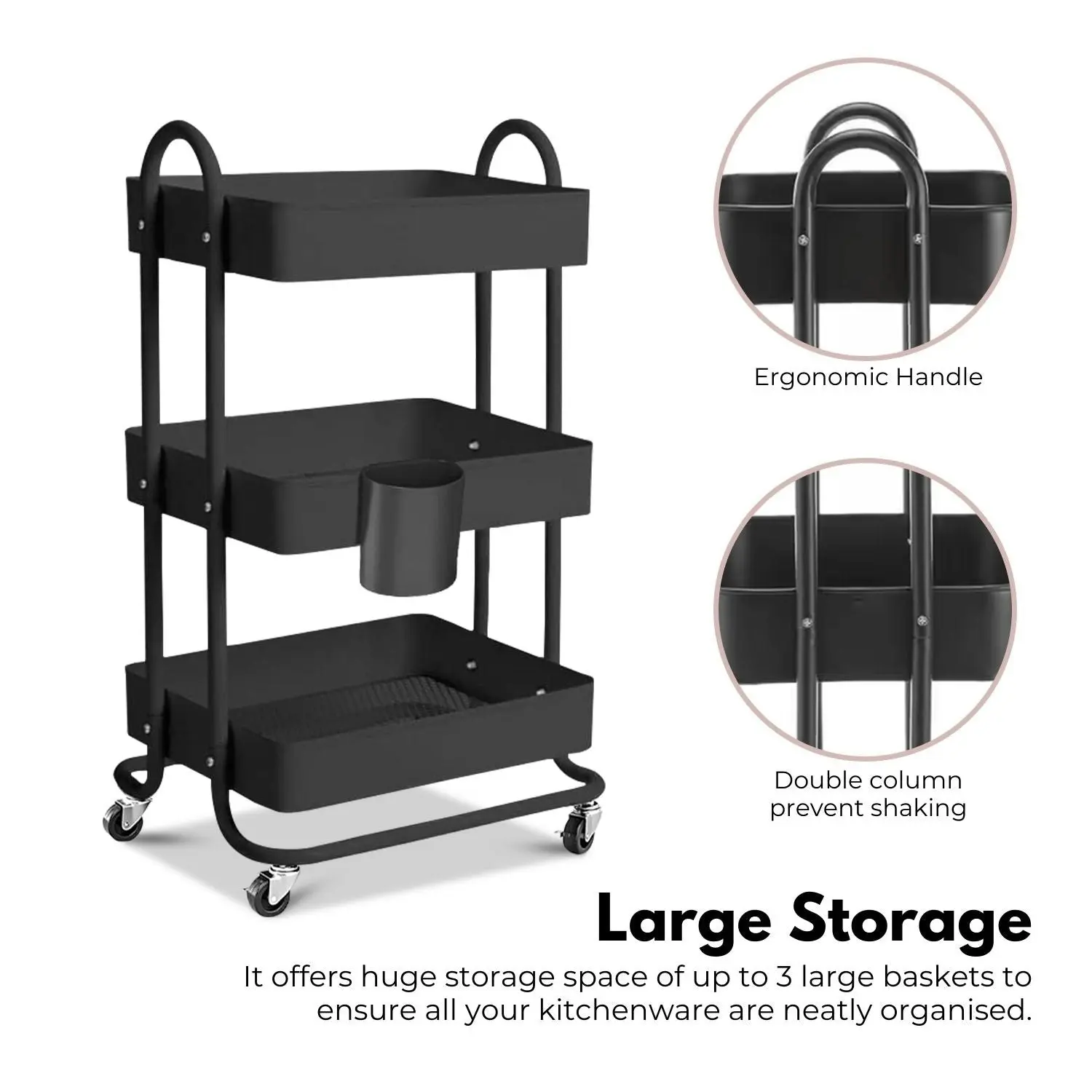 Ekkio Kitchen Trolley Cart 3 Tiers Storage Rack Steel Shelf Organiser Wheels Black