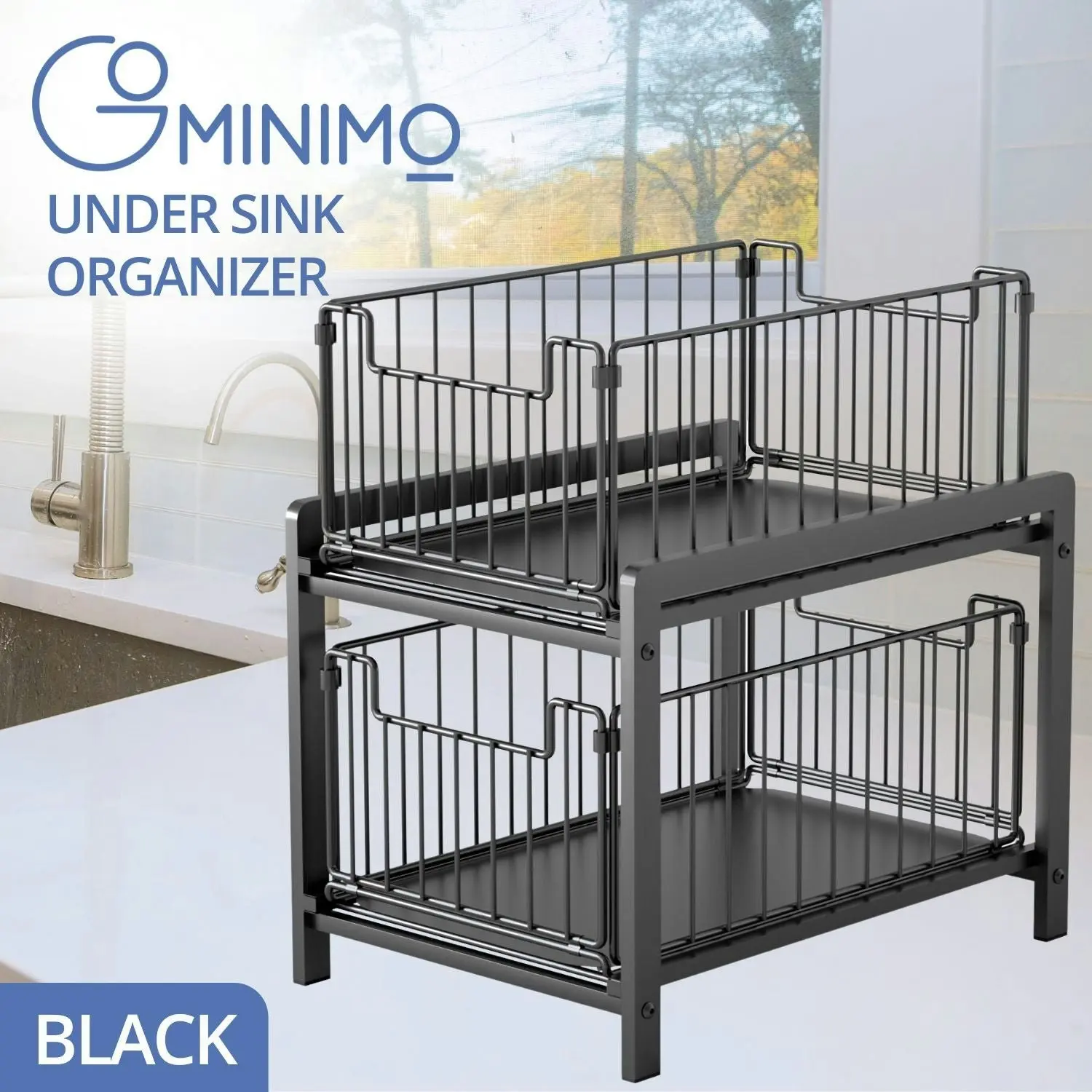 Gominimo Under Sink Organizer Pull-Out Sliding Drawer Cabinets Black