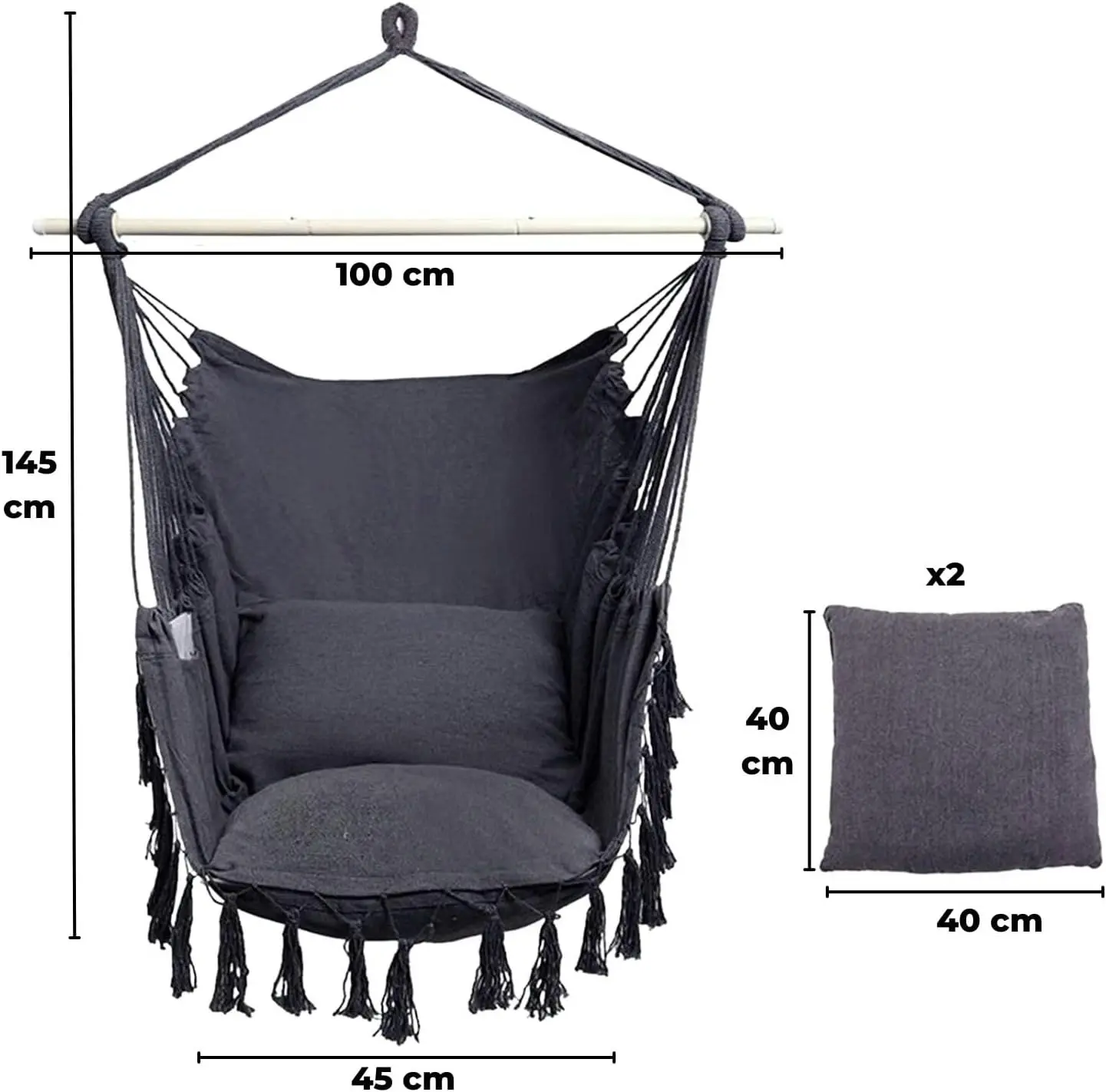 Noveden Hammock Chair Swing with 2 Pillow Cushions Camping Outdoor Hammocks Dark Grey