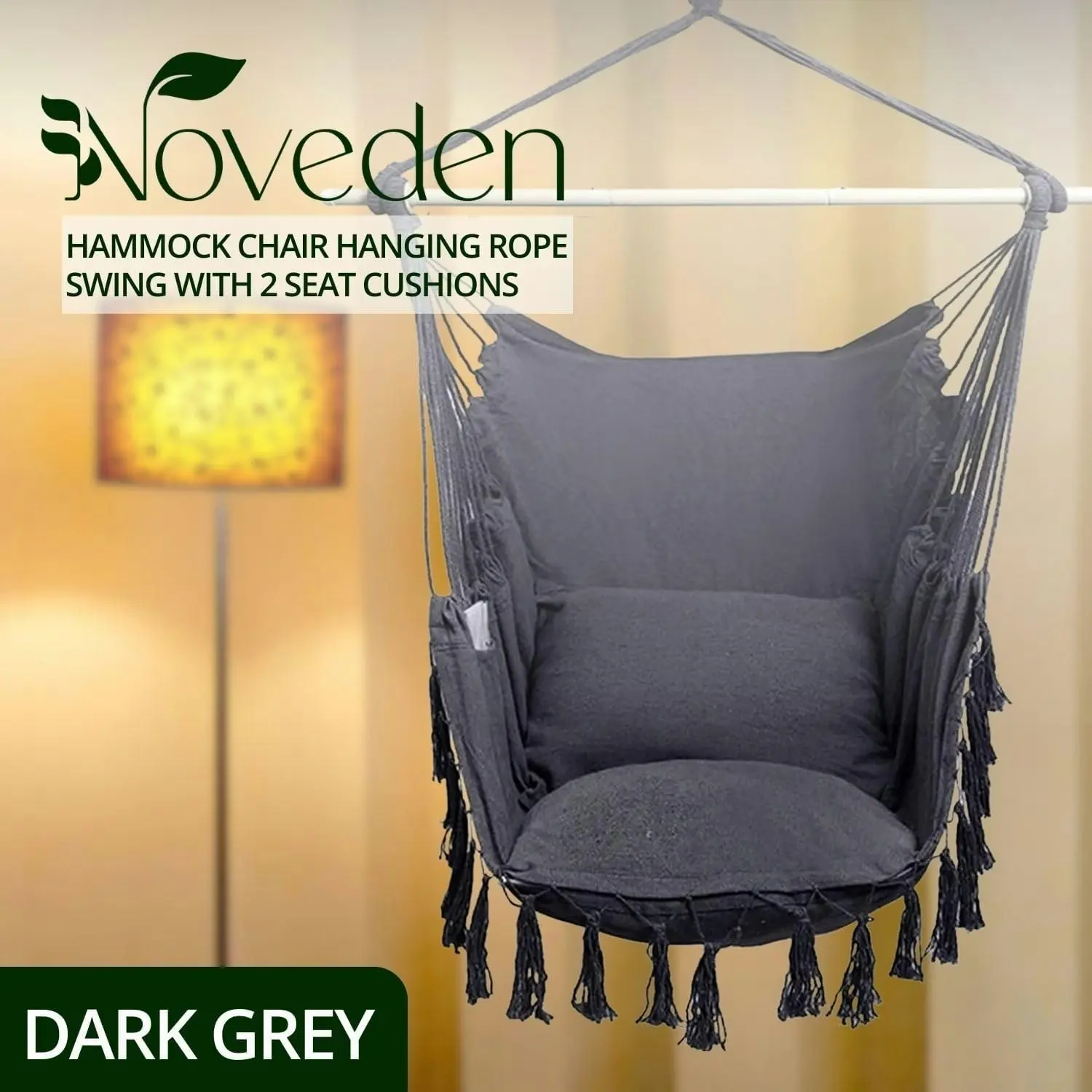 Noveden Hammock Chair Swing with 2 Pillow Cushions Camping Outdoor Hammocks Dark Grey