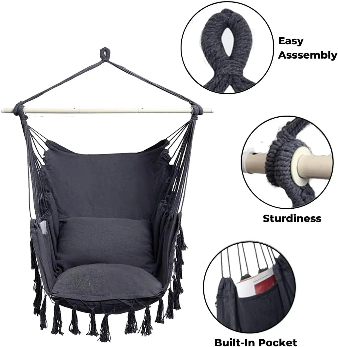 Noveden Hammock Chair Swing with 2 Pillow Cushions Camping Outdoor Hammocks Dark Grey