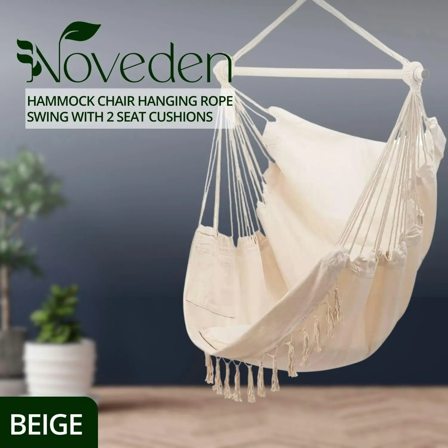 Noveden Hammock Chair Swing with 2 Pillow Cushions Camping Outdoor Hammocks Beige