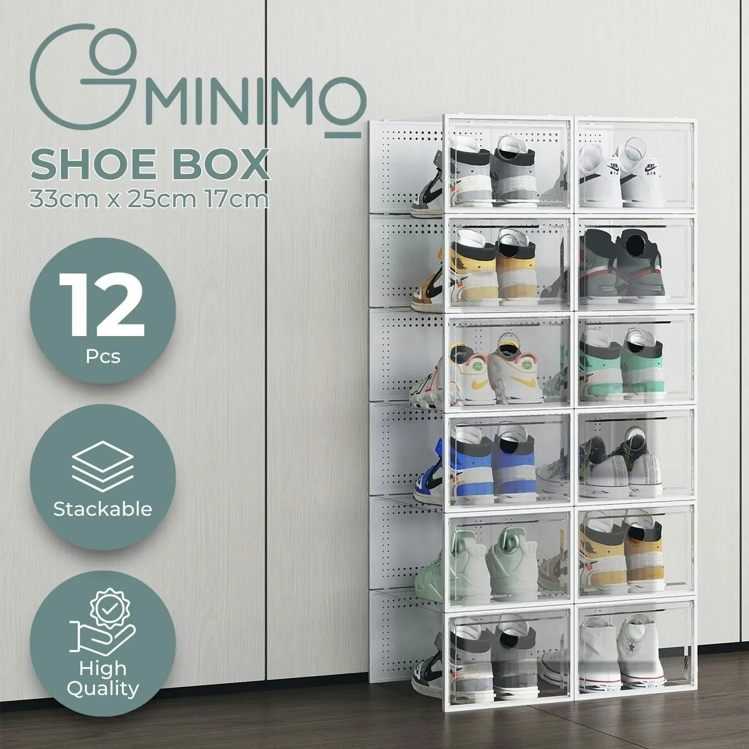 12x Gominimo Stackable Large Size Plastic Shoe Box - White