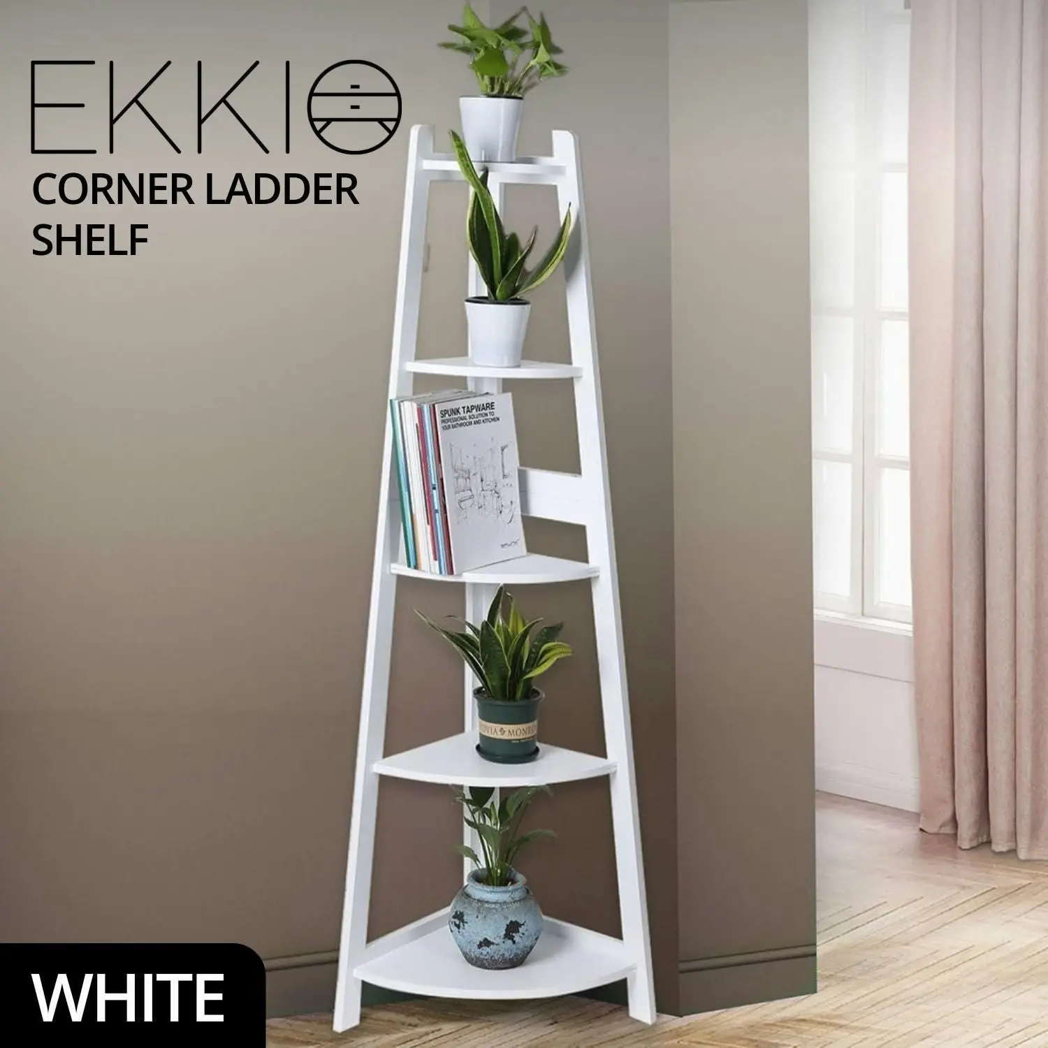 Ekkio 5 Tier Wooden Corner Display Bookcase Shelf Ladder Bookshelf - White