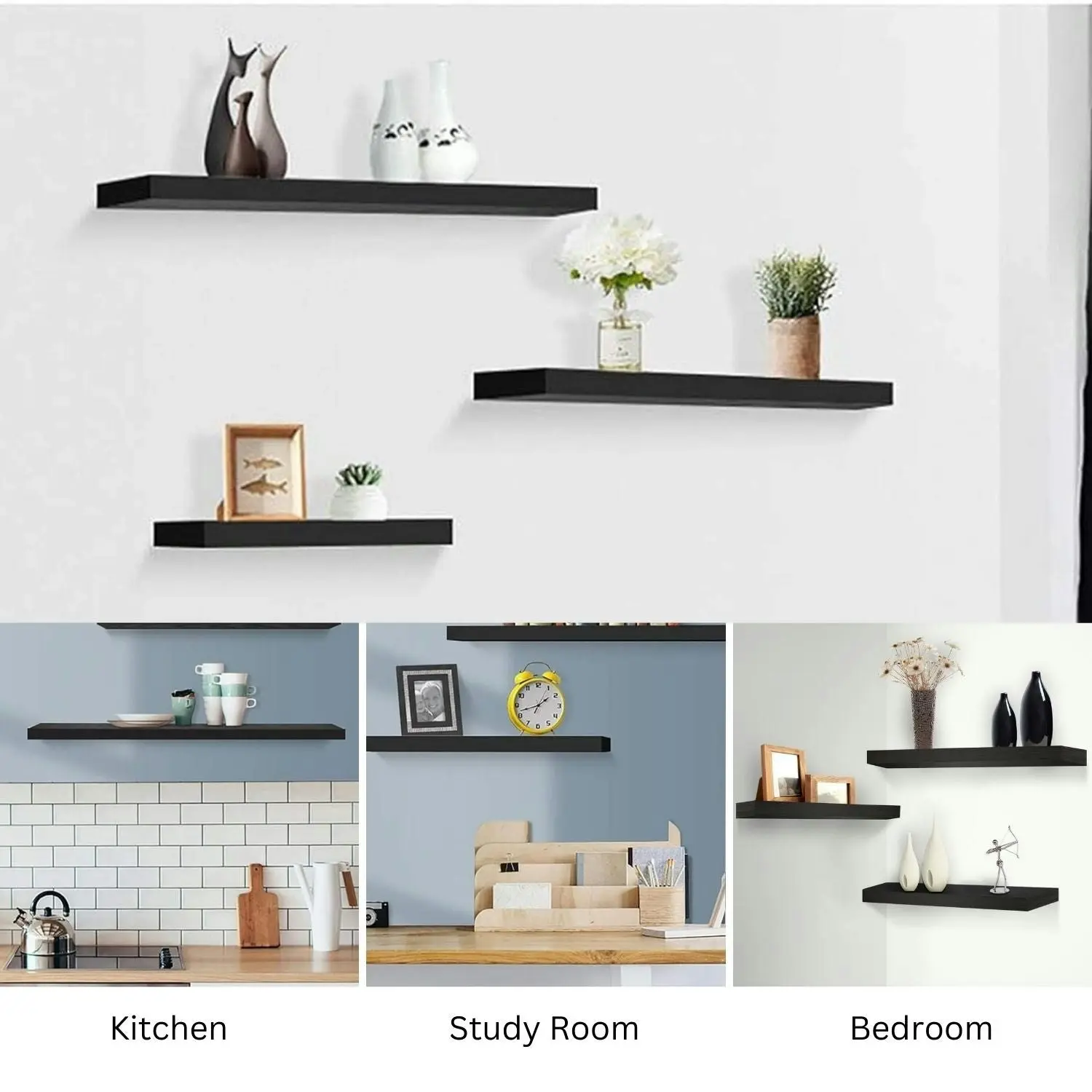 Ekkio Floating Shelf Set of 3 DIY Easy to Set up Space Saving Black