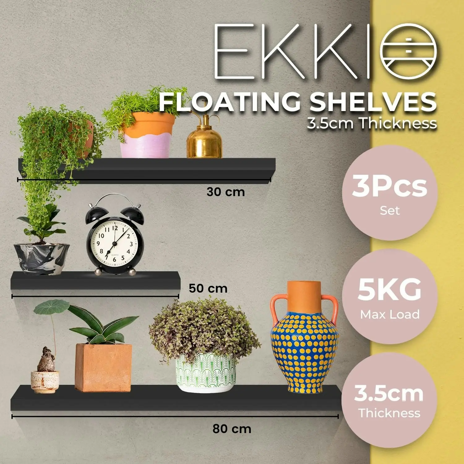 Ekkio Floating Shelf Set of 3 DIY Easy to Set up Space Saving Black