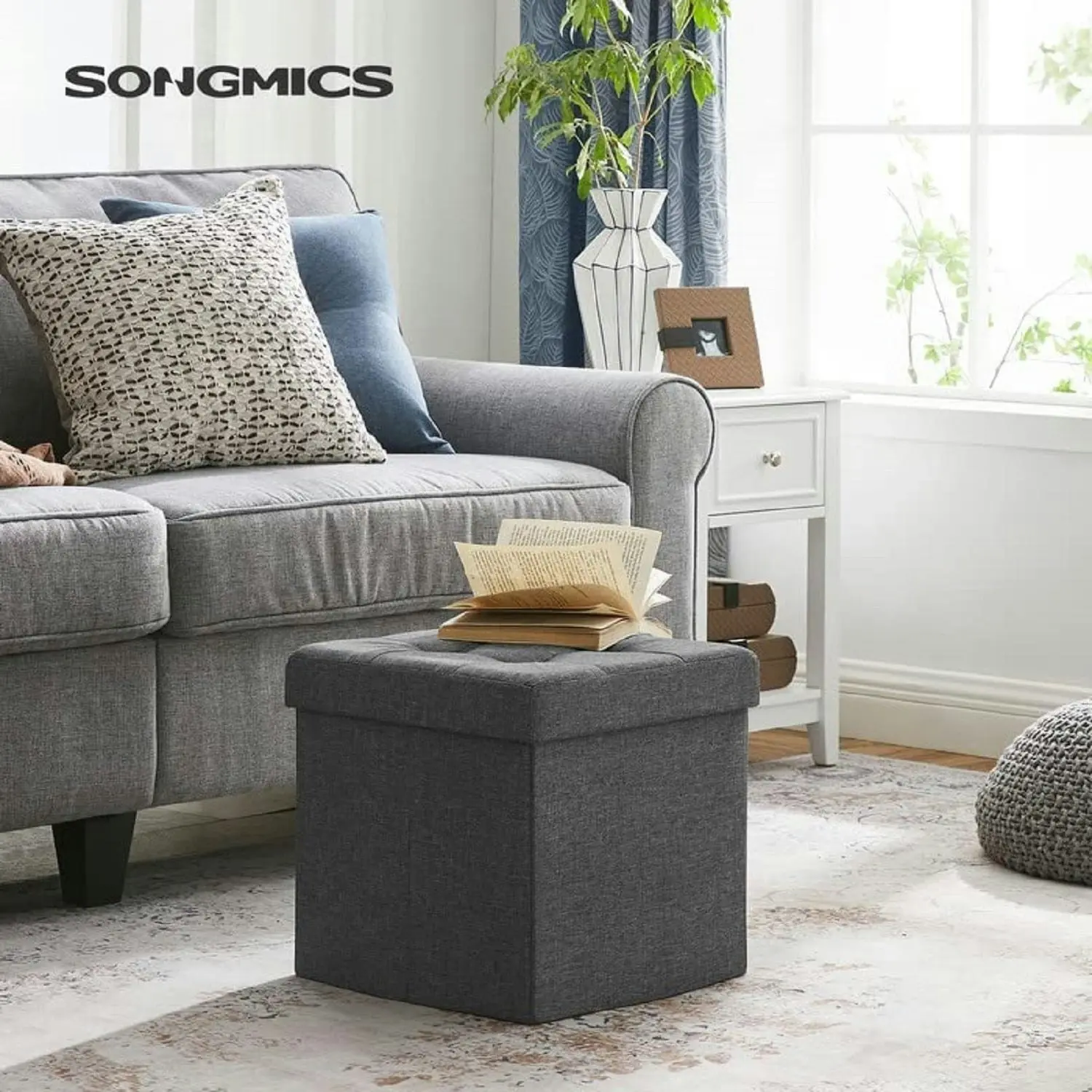 SONGMICS Home Organiser Folding Bench Stool Fiberboard Ottoman Storage 38cm - Grey