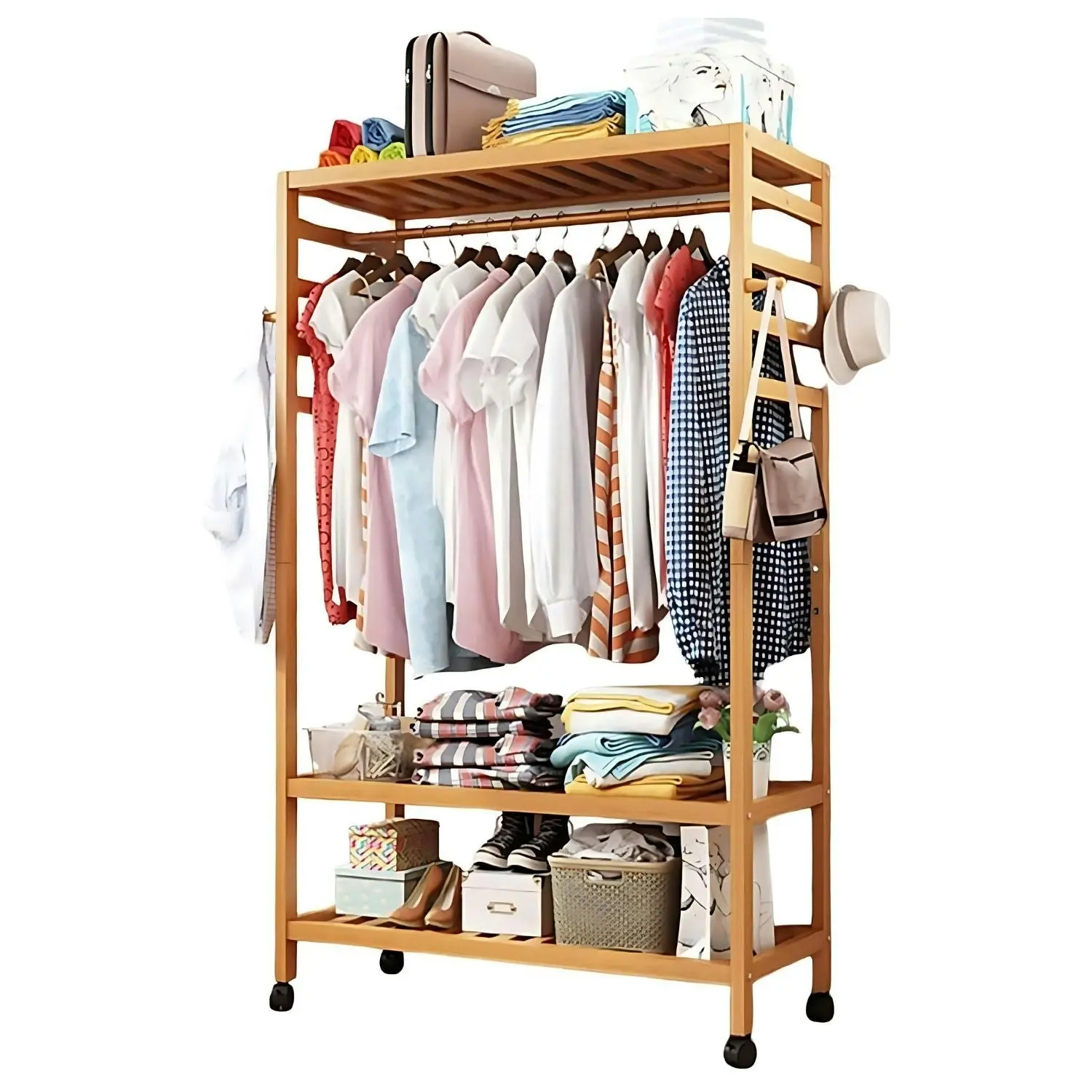 Gominimo 100cm Portable Wooden Bamboo Open Wardrobe Garments Clothes Rack - Natural