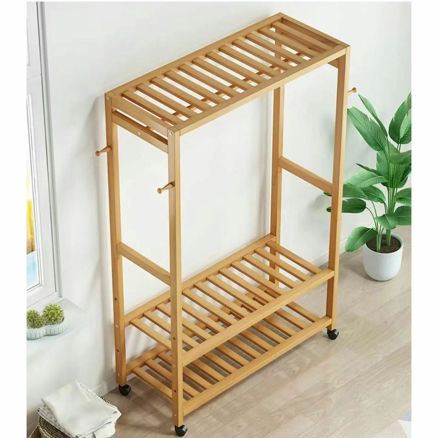 Gominimo 100cm Portable Wooden Bamboo Open Wardrobe Garments Clothes Rack - Natural