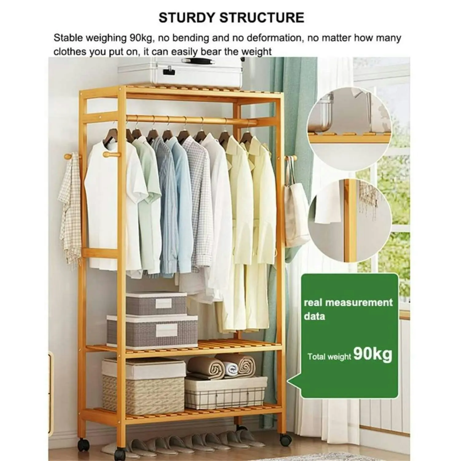 Gominimo 100cm Portable Wooden Bamboo Open Wardrobe Garments Clothes Rack - Natural