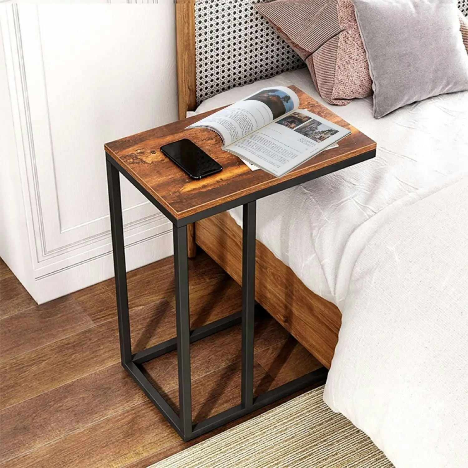 Ekkio C Shaped Coffee End Bedside Table Nightstand - Rustic Brown