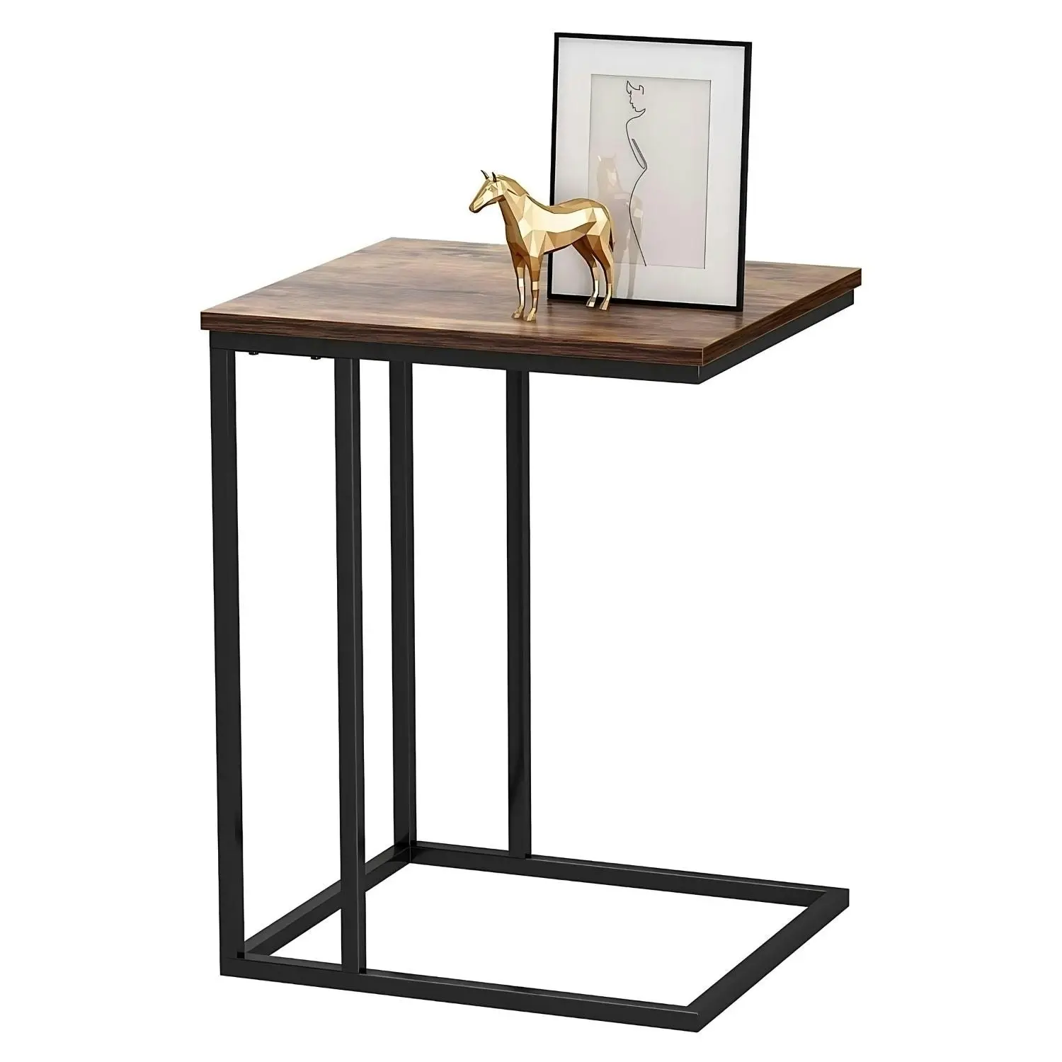 Ekkio C Shaped Coffee End Bedside Table Nightstand - Rustic Brown