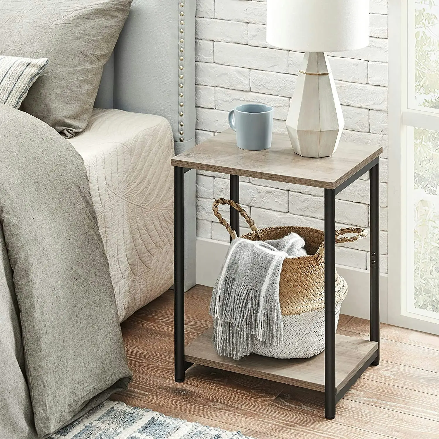 VASAGLE End Tables Set of 2 with Storage Shelf Steel Frame Greige and Black