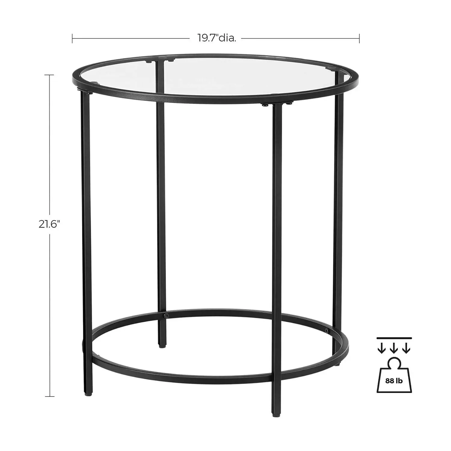 VASAGLE Round Side Table Glass with Metal Frame for Living Room Bedroom Black