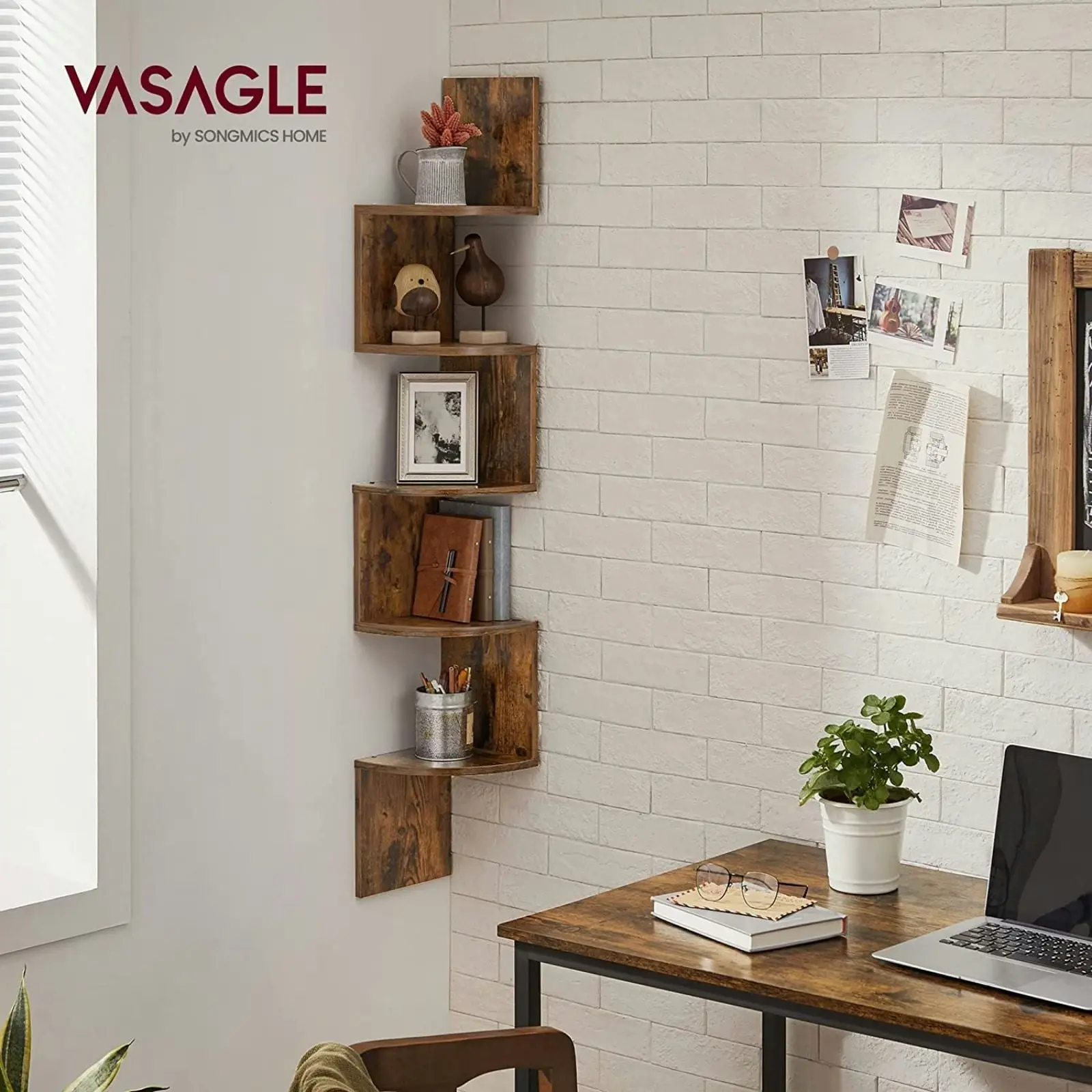 VASAGLE 5 Tier Wall Mounter Bookshelf Display Storage Shelves Floating Corner Shelf - Rustic Brown