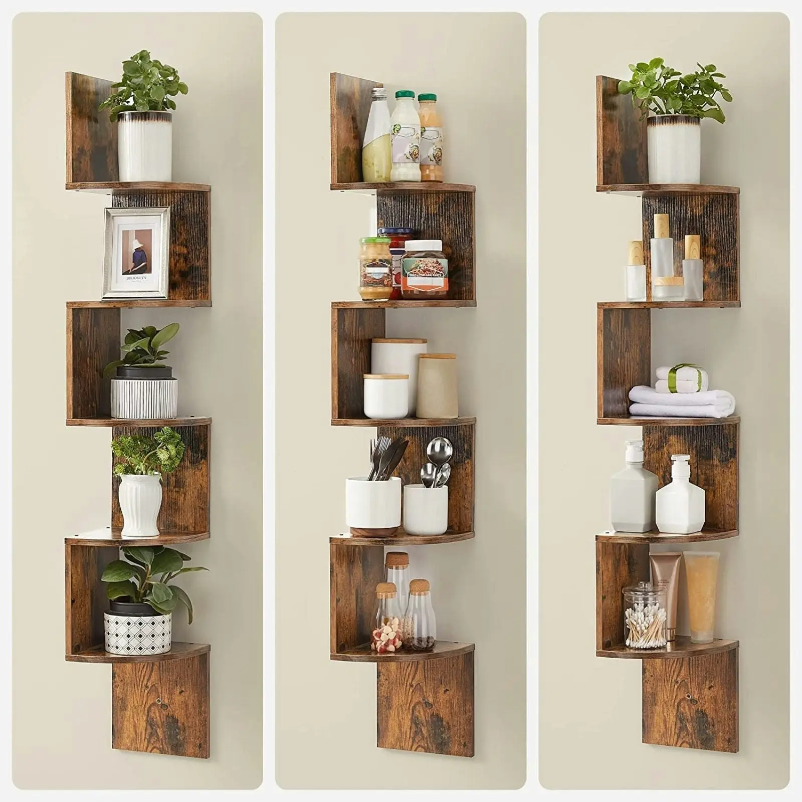 VASAGLE 5 Tier Wall Mounter Bookshelf Display Storage Shelves Floating Corner Shelf - Rustic Brown