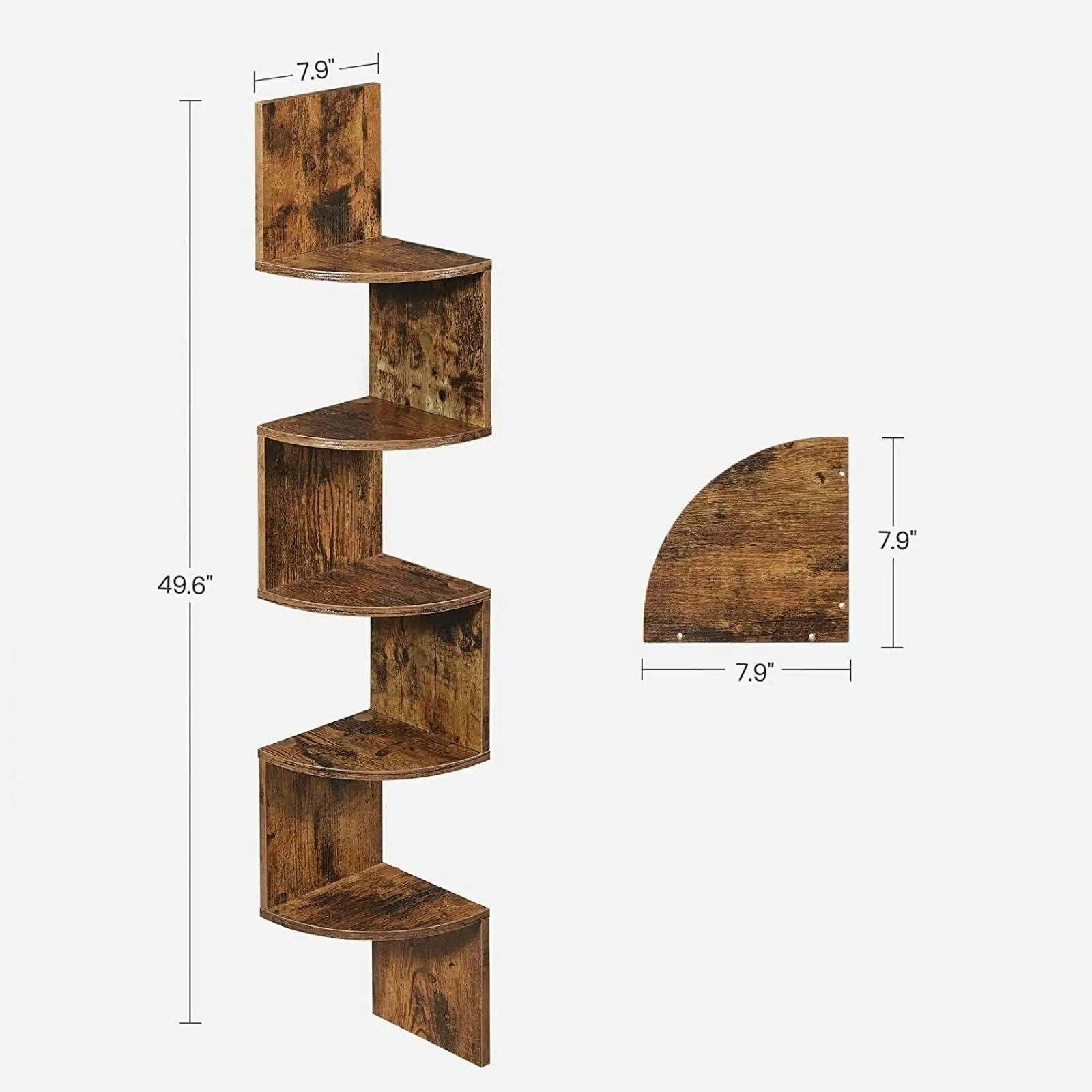 VASAGLE 5 Tier Wall Mounter Bookshelf Display Storage Shelves Floating Corner Shelf - Rustic Brown