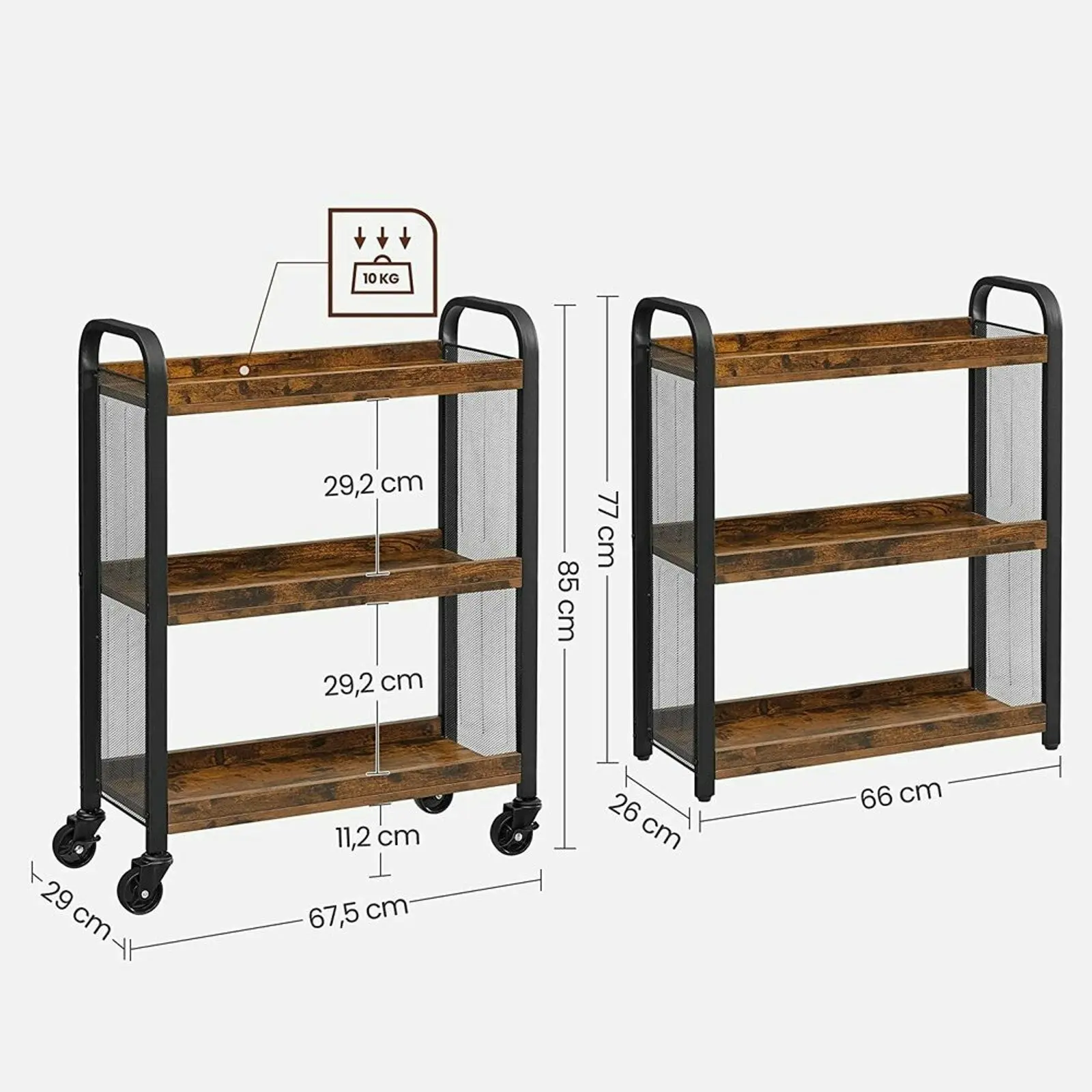 VASAGLE Microwave Stand Kitchen Storage Trolley with Universal Castors Utility Cart - Rustic Brown