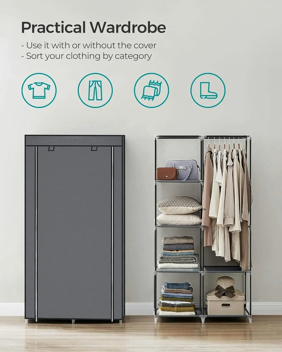 SONGMICS Non-Woven Fabric Portable Clothes Closet Wardrobe with 6 Shelves Grey