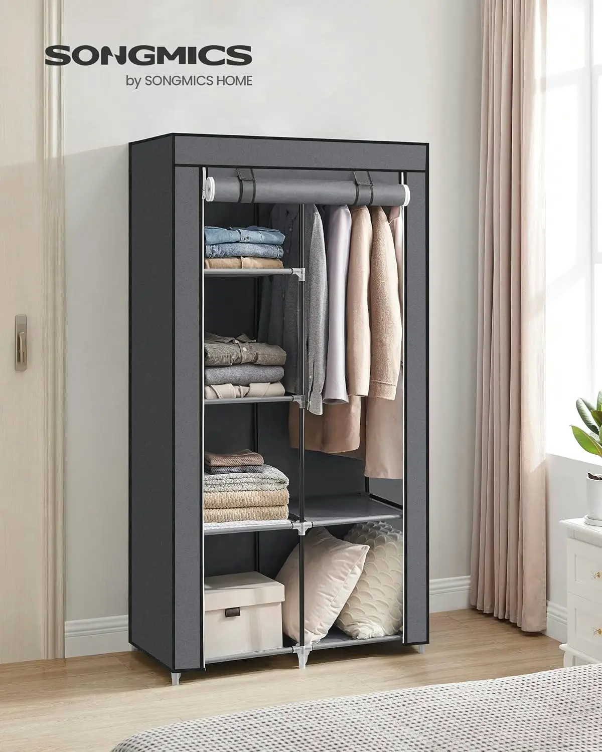 SONGMICS Non-Woven Fabric Portable Clothes Closet Wardrobe with 6 Shelves Grey