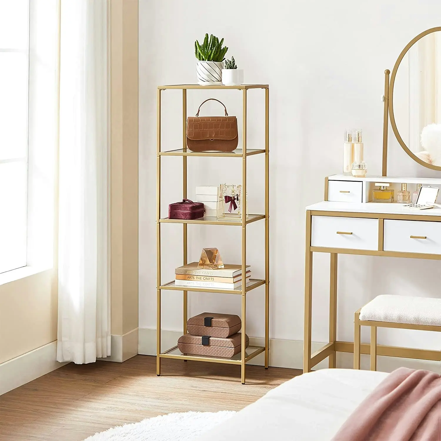 VASAGLE 5 Tier Bookcase Display Shelf Rack Stand Storage Shelves, Bookshelves - Gold