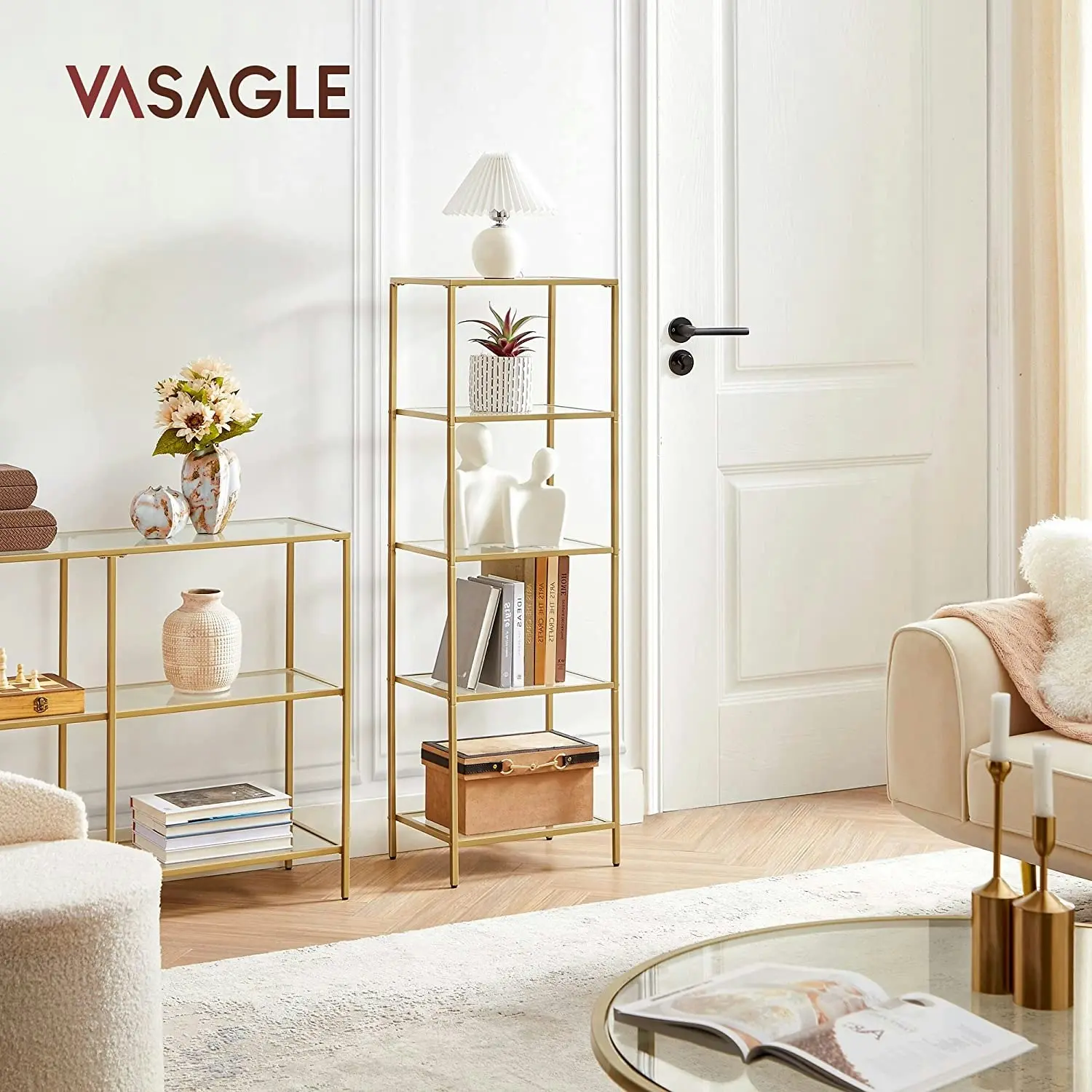 VASAGLE 5 Tier Bookcase Display Shelf Rack Stand Storage Shelves, Bookshelves - Gold