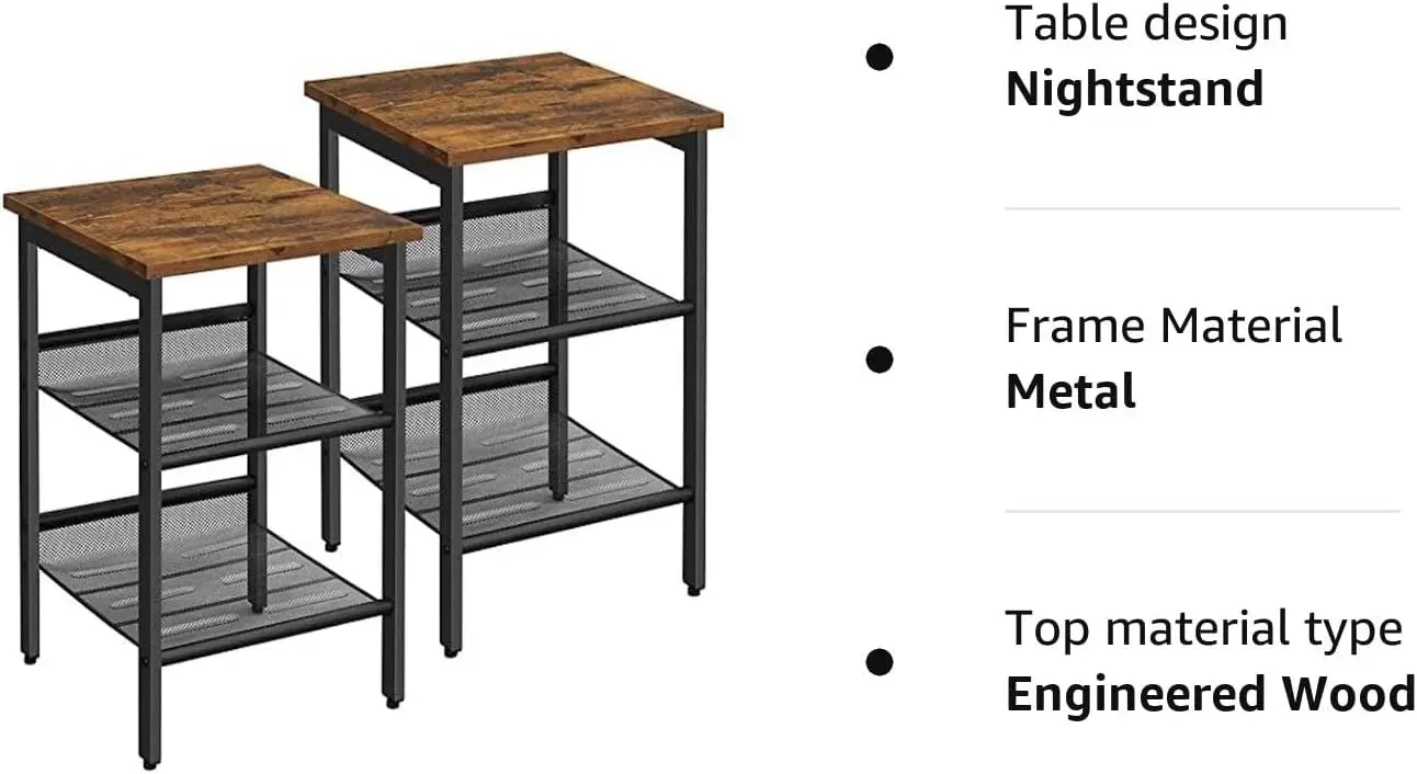 2x VASAGLE Bedroom Side Nightstand Open Shelves Bedside Table - Rustic Brown