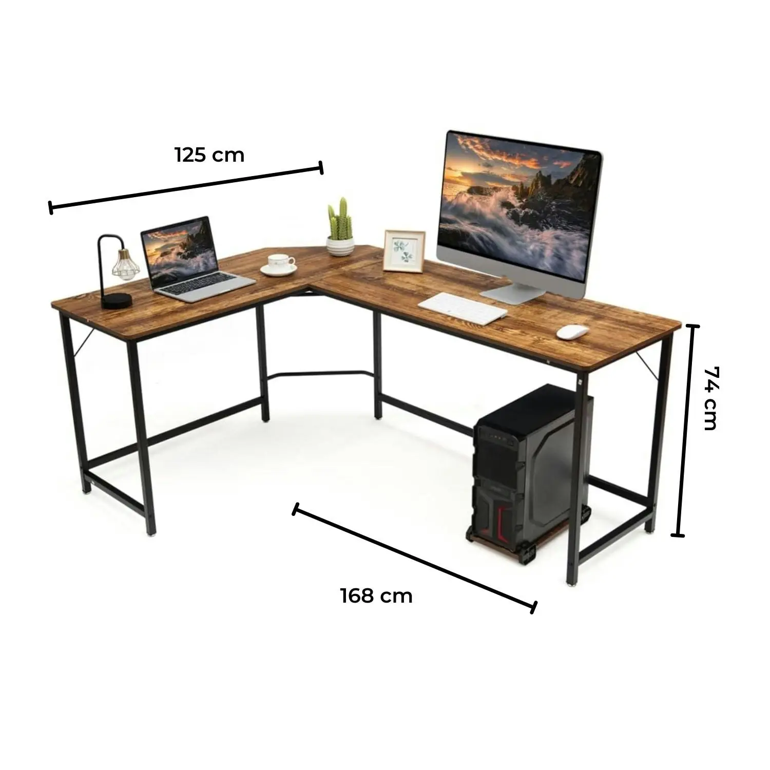 Ekkio Home Office Workstation L-Shaped Corner Computer Desk with CPU Stand - Brown