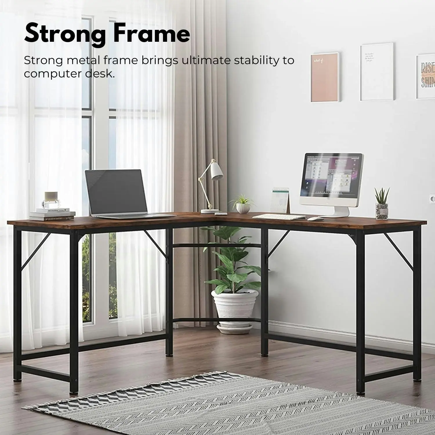 Ekkio Home Office Workstation L-Shaped Corner Computer Desk with CPU Stand - Brown