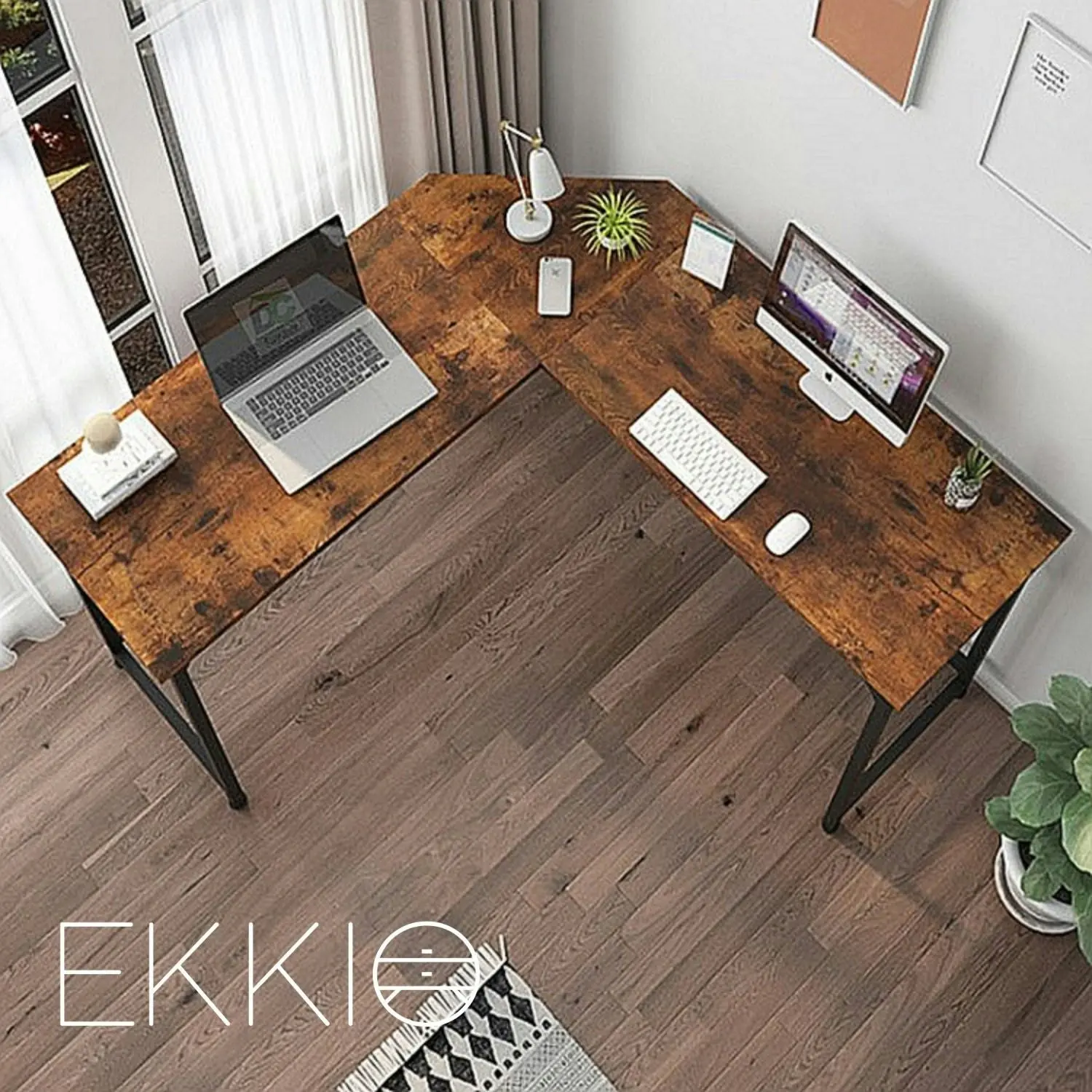 Ekkio Home Office Workstation L-Shaped Corner Computer Desk with CPU Stand - Brown