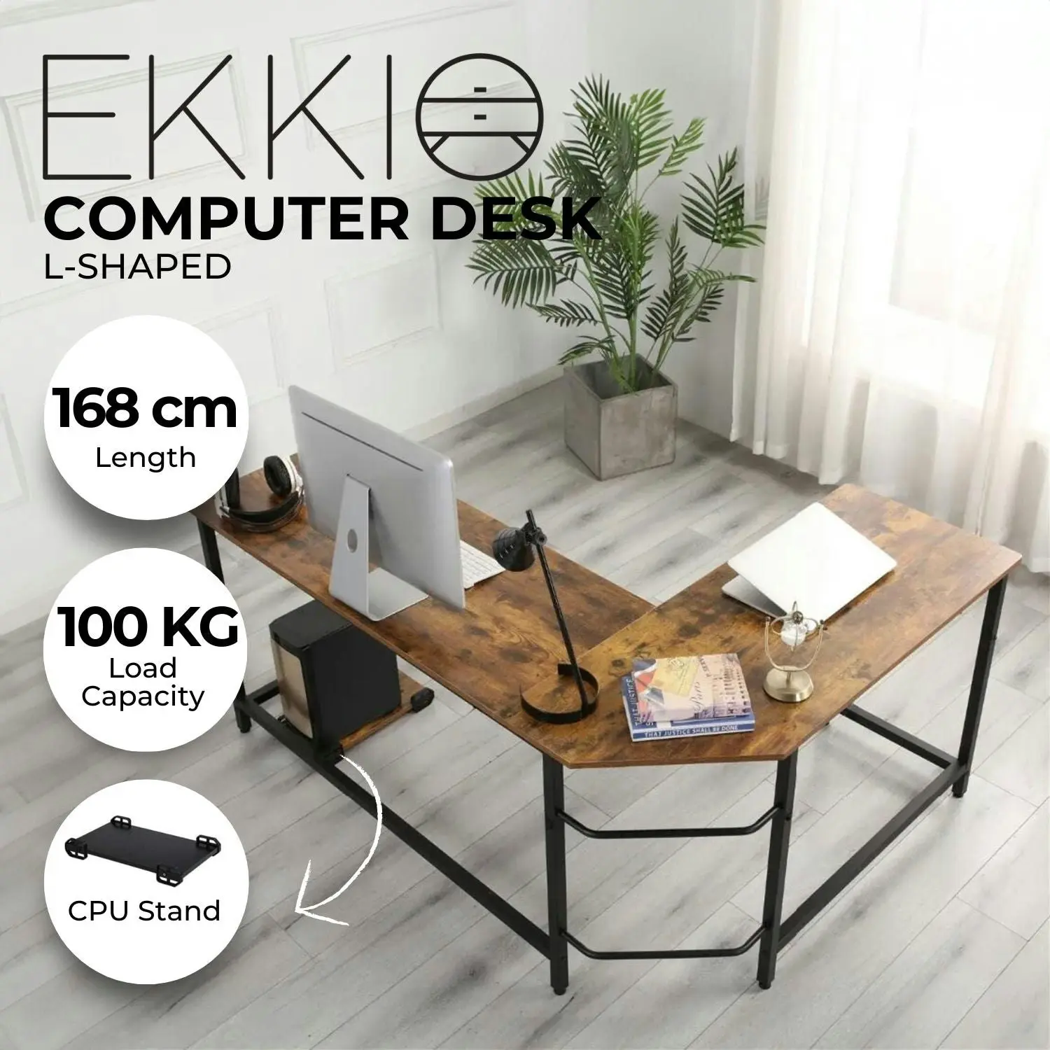 Ekkio Home Office Workstation L-Shaped Corner Computer Desk with CPU Stand - Brown