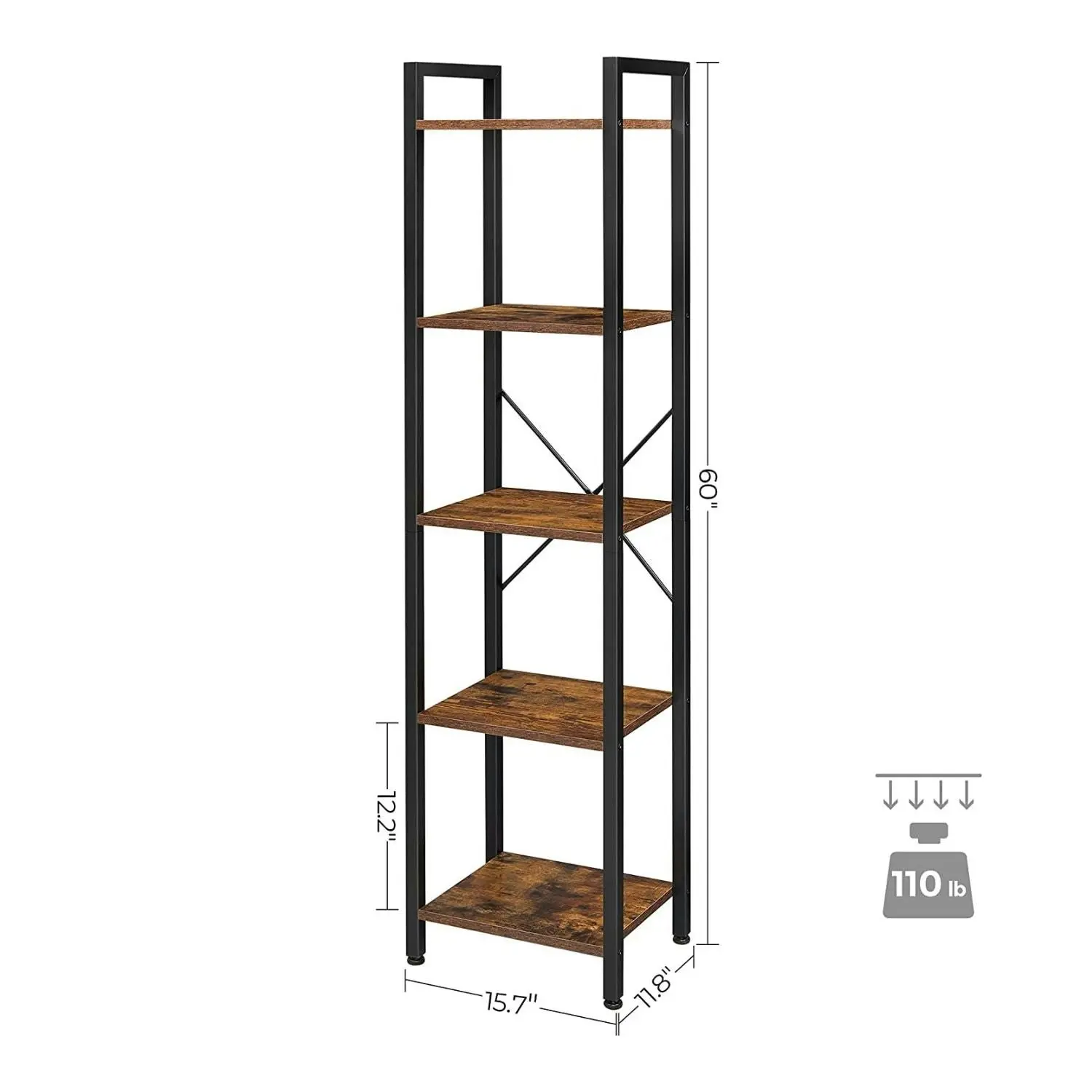 VASAGLE 5 Tier Up To 50kg Steel Frame Easy Assemble Tall Bookshelf Bookcase - Rustic Brown