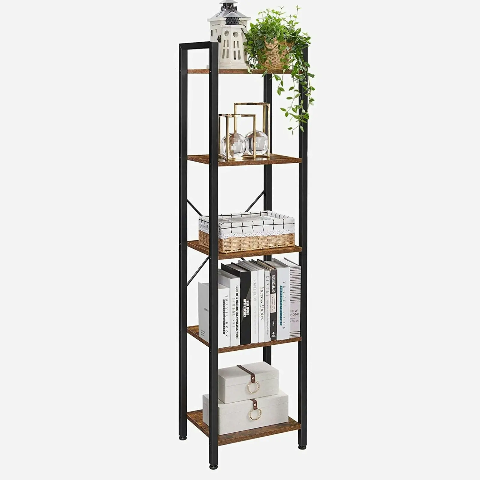 VASAGLE 5 Tier Up To 50kg Steel Frame Easy Assemble Tall Bookshelf Bookcase - Rustic Brown