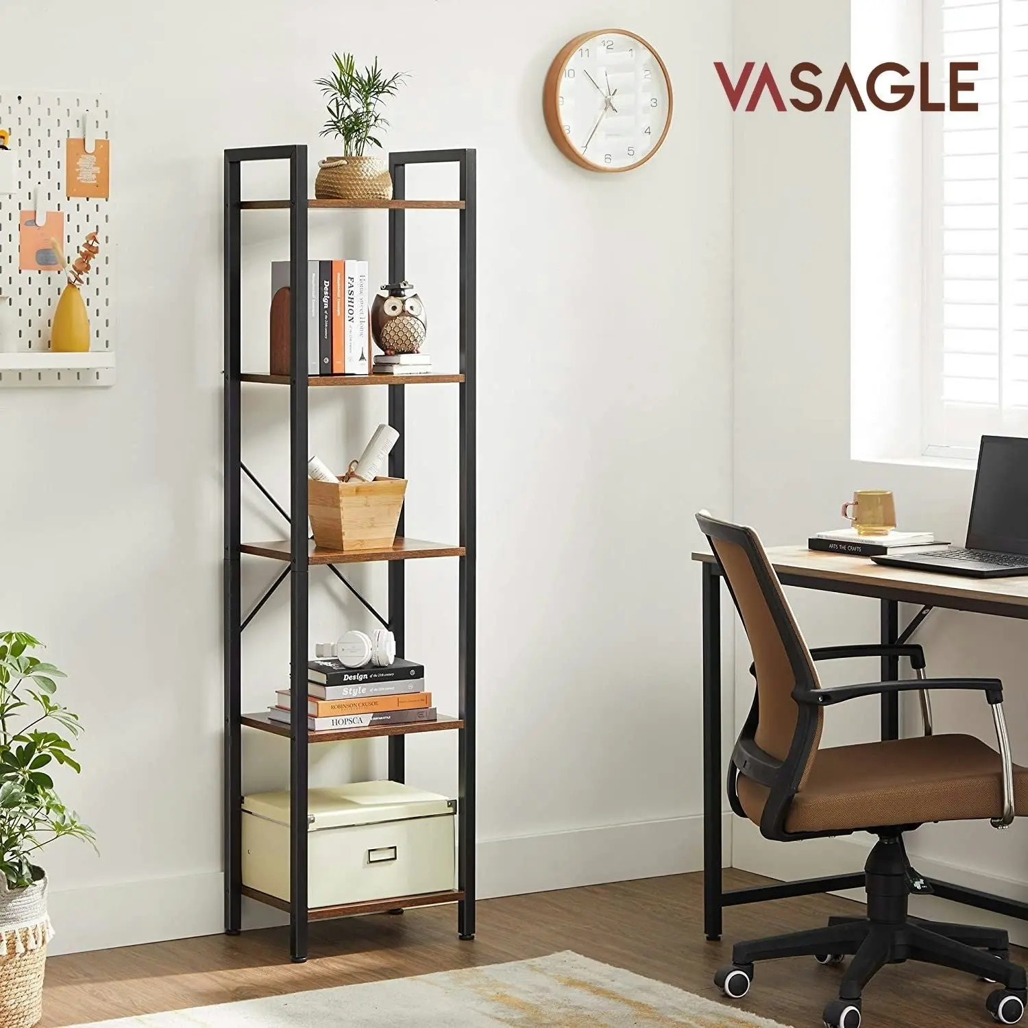 VASAGLE 5 Tier Up To 50kg Steel Frame Easy Assemble Tall Bookshelf Bookcase - Rustic Brown