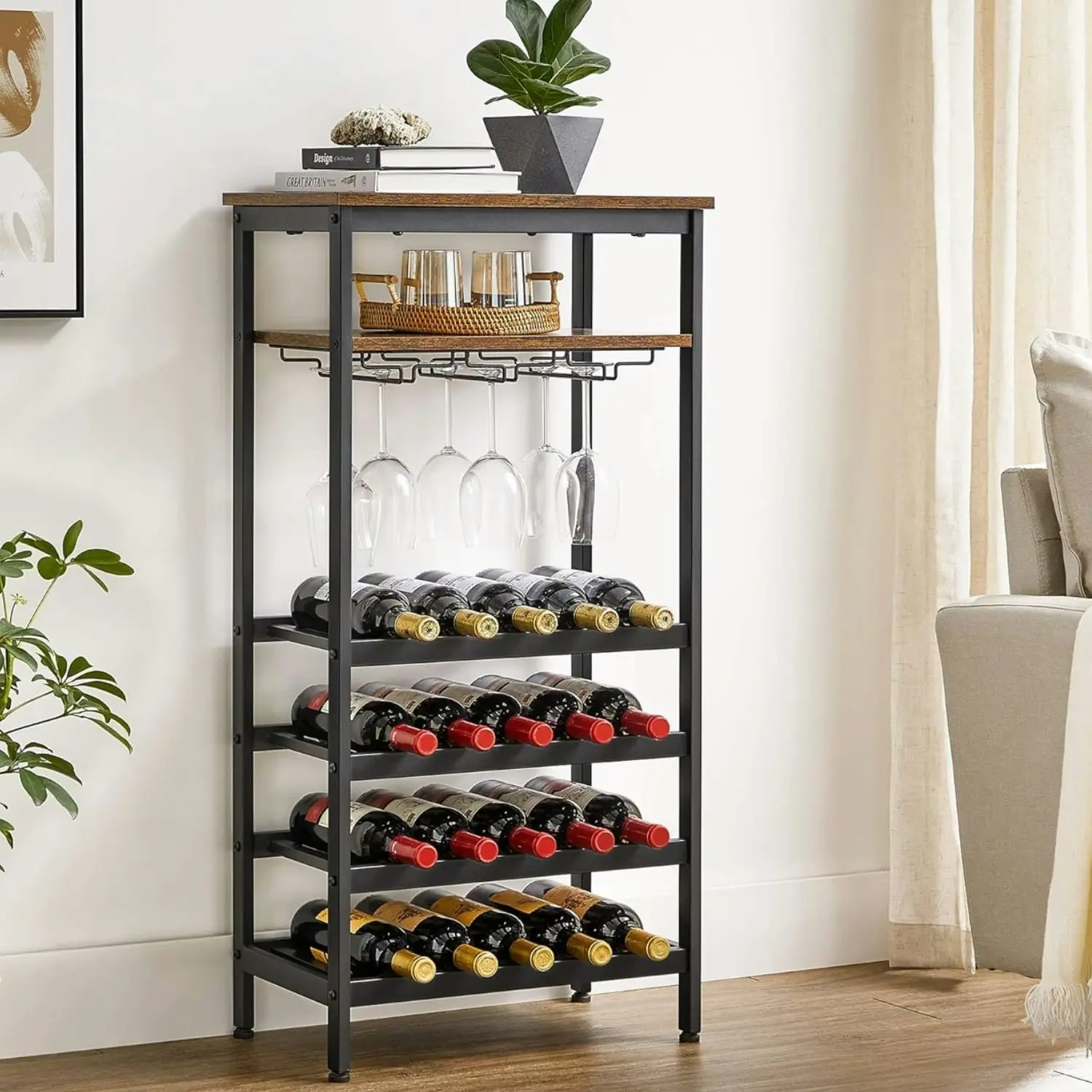 VASAGLE 20 Wine Rack - Bottle Display Shelf Stand with Wine Glass Holder