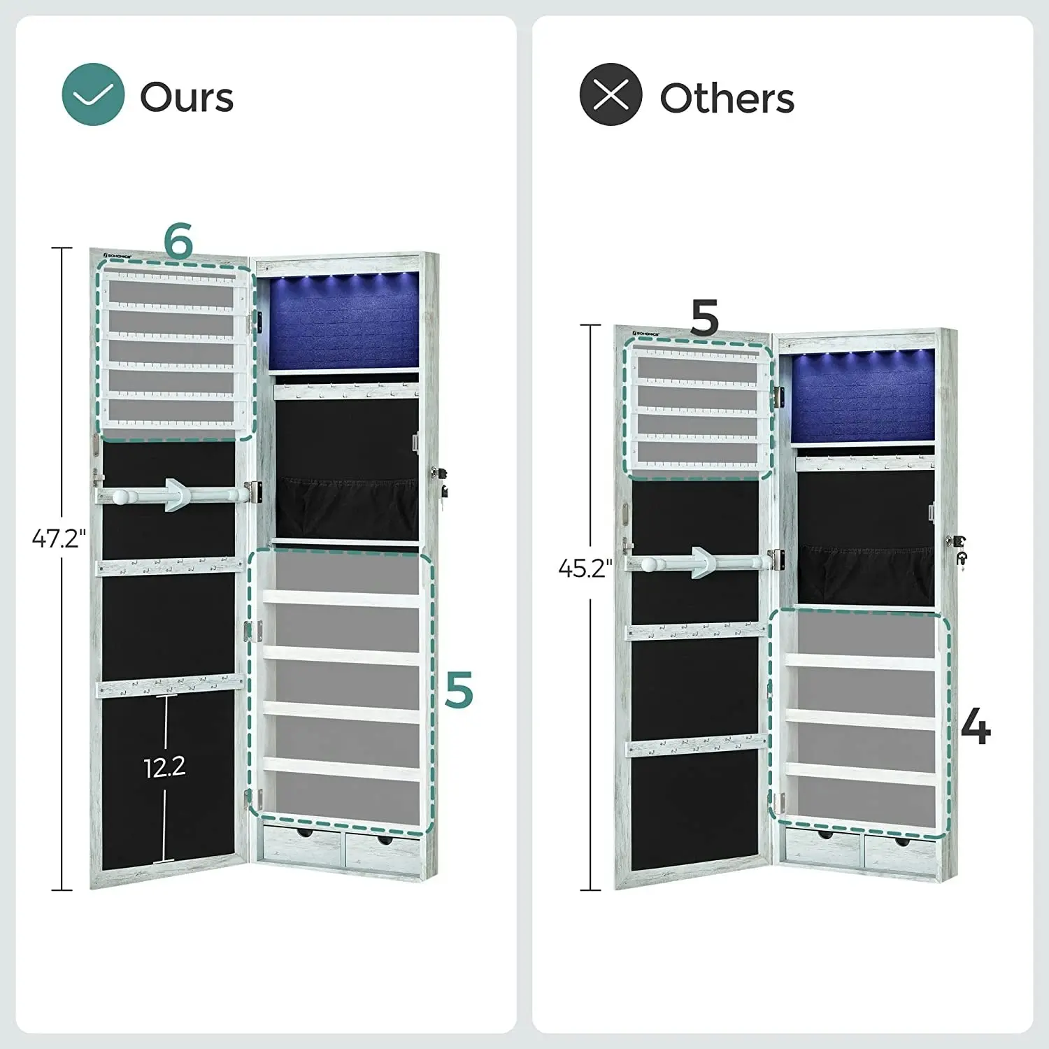 SONGMICS Storage Organiser with Vanity Mirror Jewelry Cabinet Armoire - Green