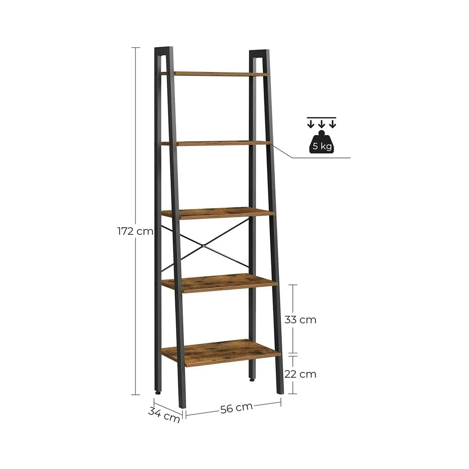 VASAGLE 5 Tier Bookcase Display Shelves Stand Bookshelf, Bookshelves - Rustic Brown