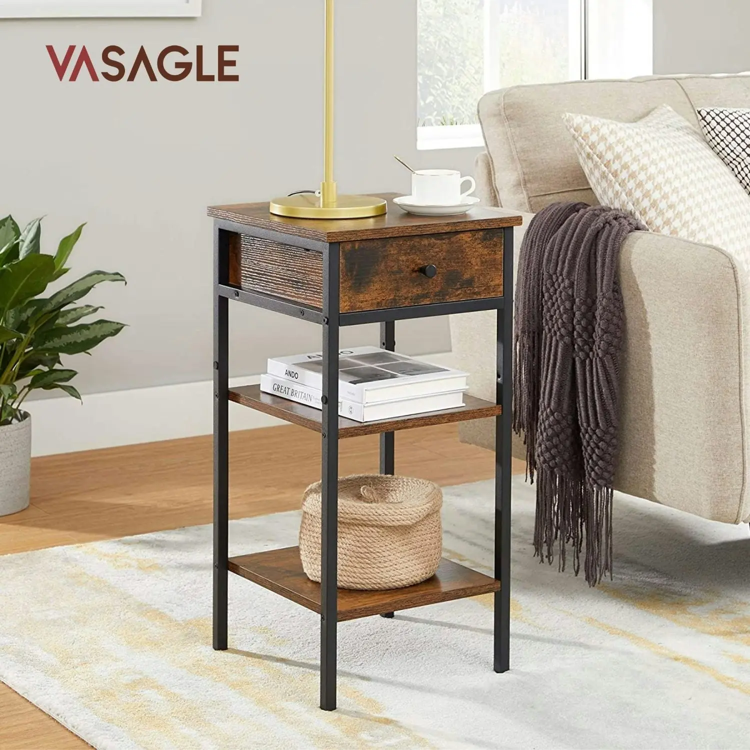 VASAGLE Side Coffee Bedside Nightstand with Drawer and Open Shelf End Table - Rustic Brown