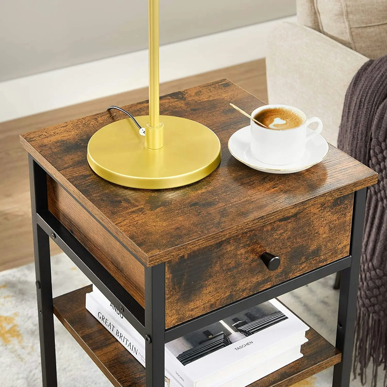 VASAGLE Side Coffee Bedside Nightstand with Drawer and Open Shelf End Table - Rustic Brown