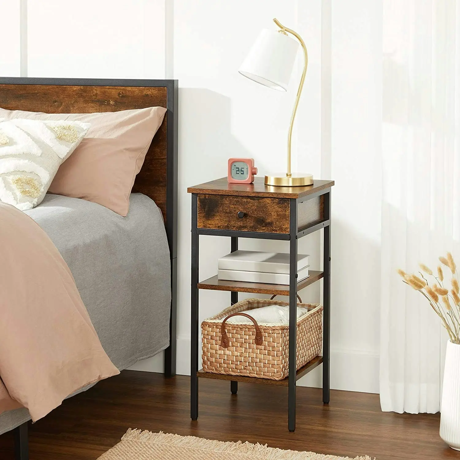 VASAGLE Side Coffee Bedside Nightstand with Drawer and Open Shelf End Table - Rustic Brown