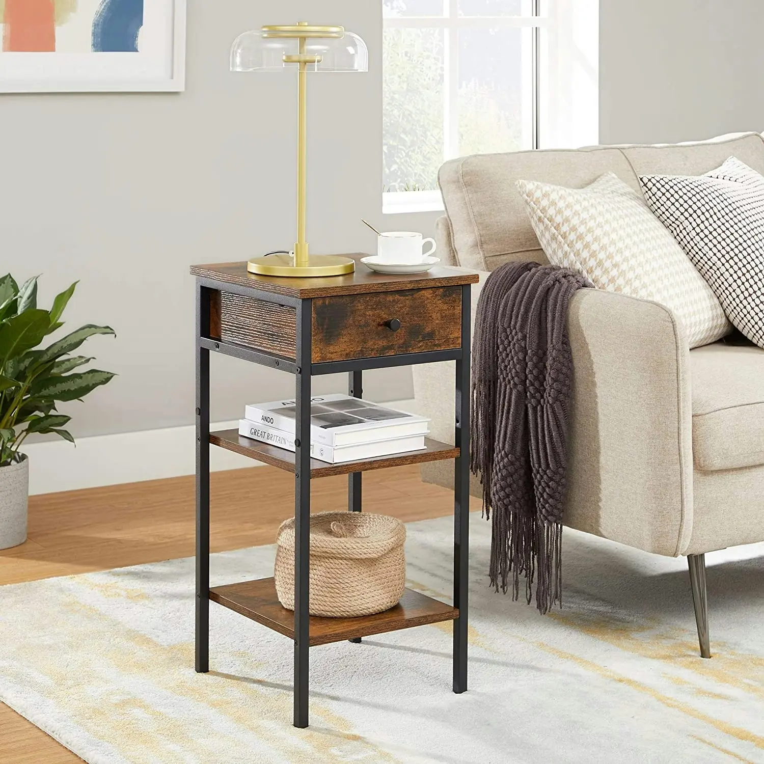 VASAGLE Side Coffee Bedside Nightstand with Drawer and Open Shelf End Table - Rustic Brown