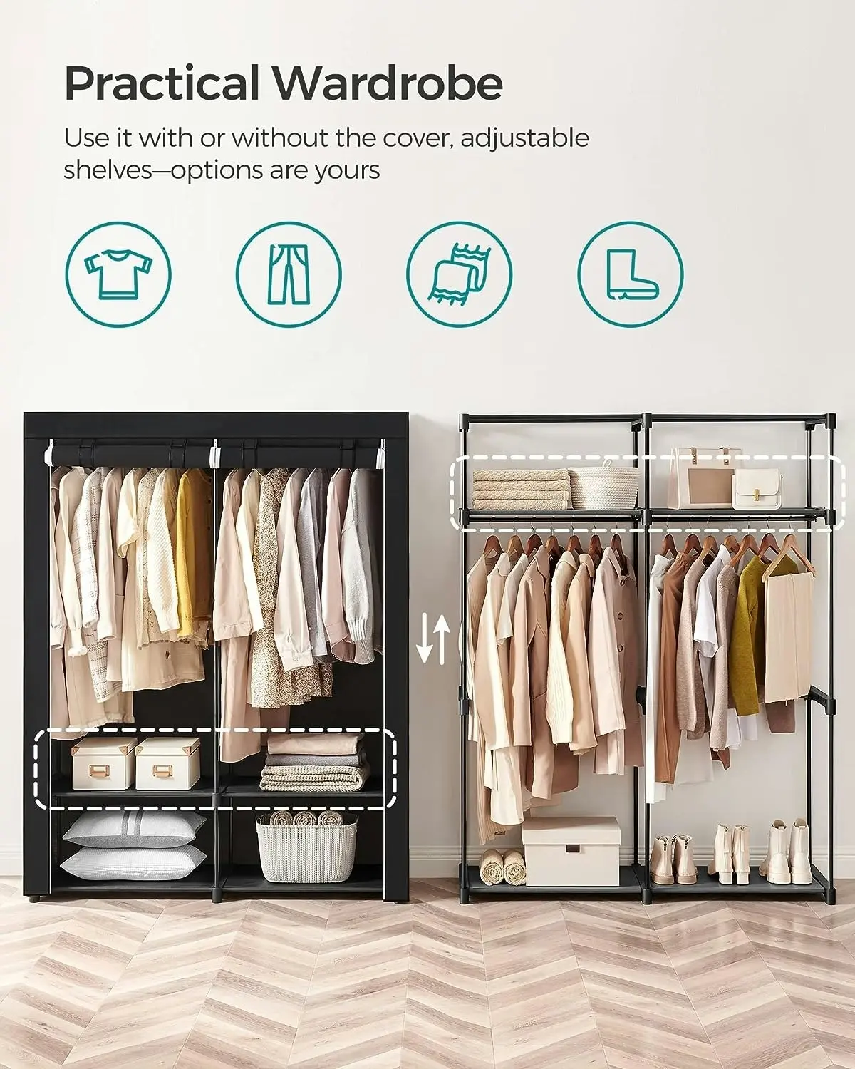 SONGMICS Portable Closet Clothes Wardrobe with Two Adjustable Shelves Black