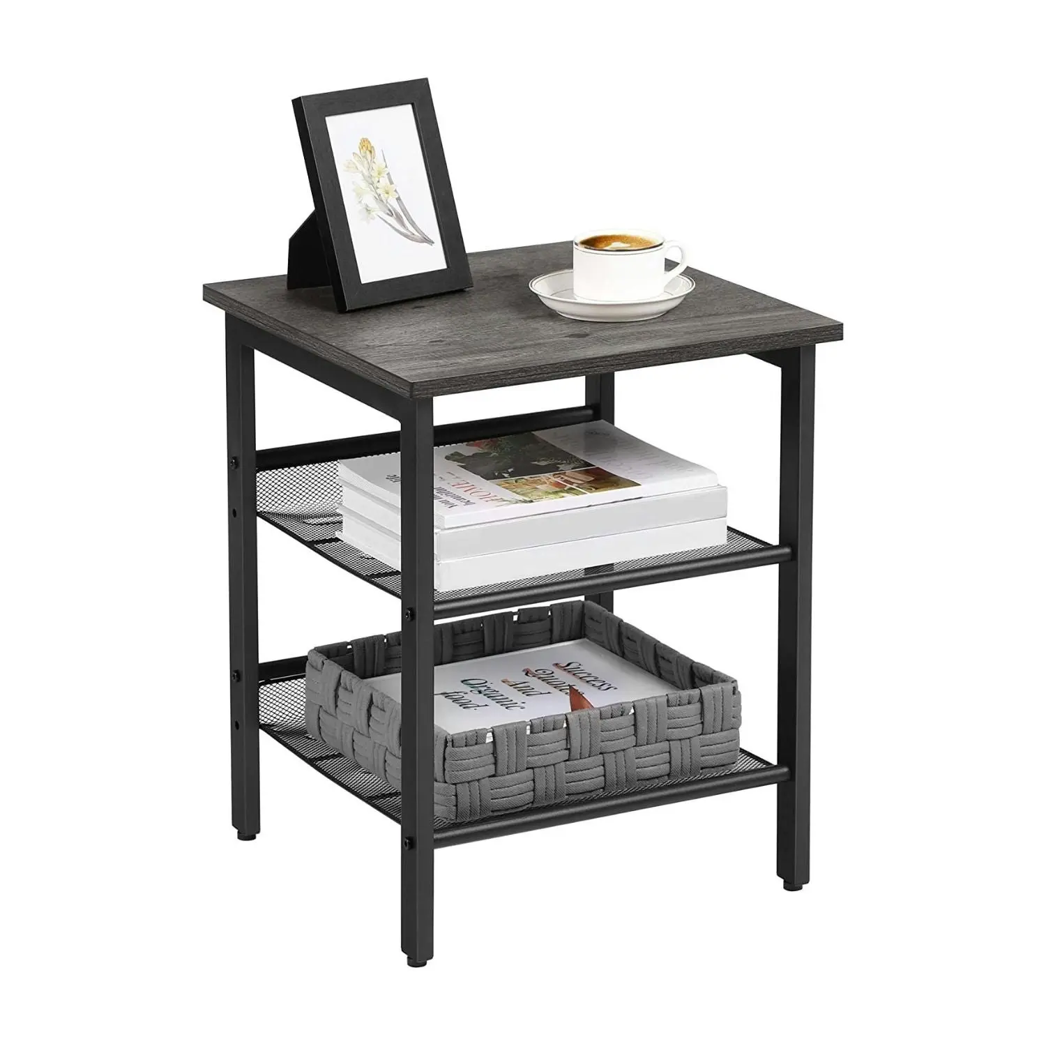 VASAGLE Set of 2 Adjustable Mesh Shelves Side Table  - Charcoal Gray and Black