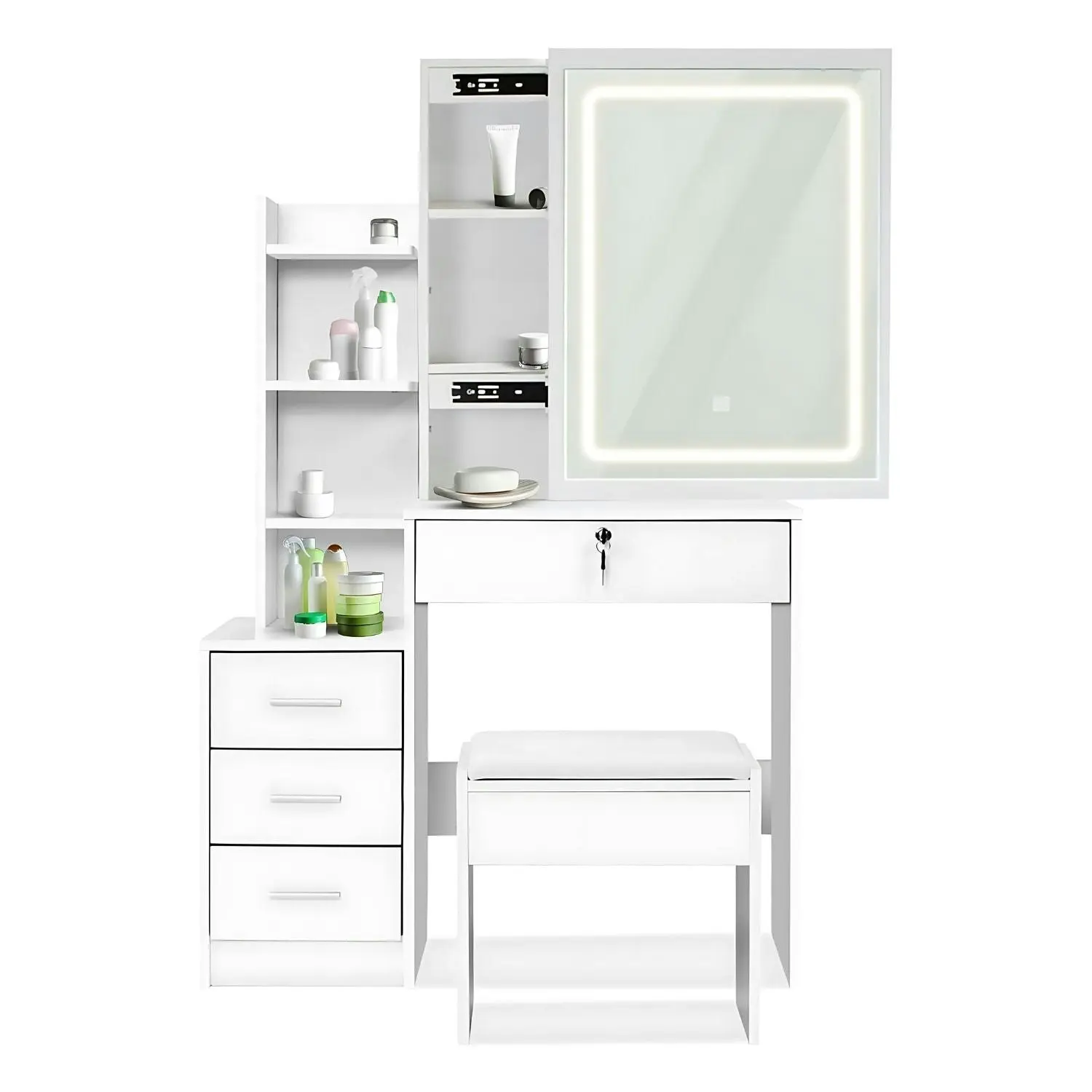 Ekkio Bedroom Dressing Table Set with LED Vanity Mirror and Stool - White