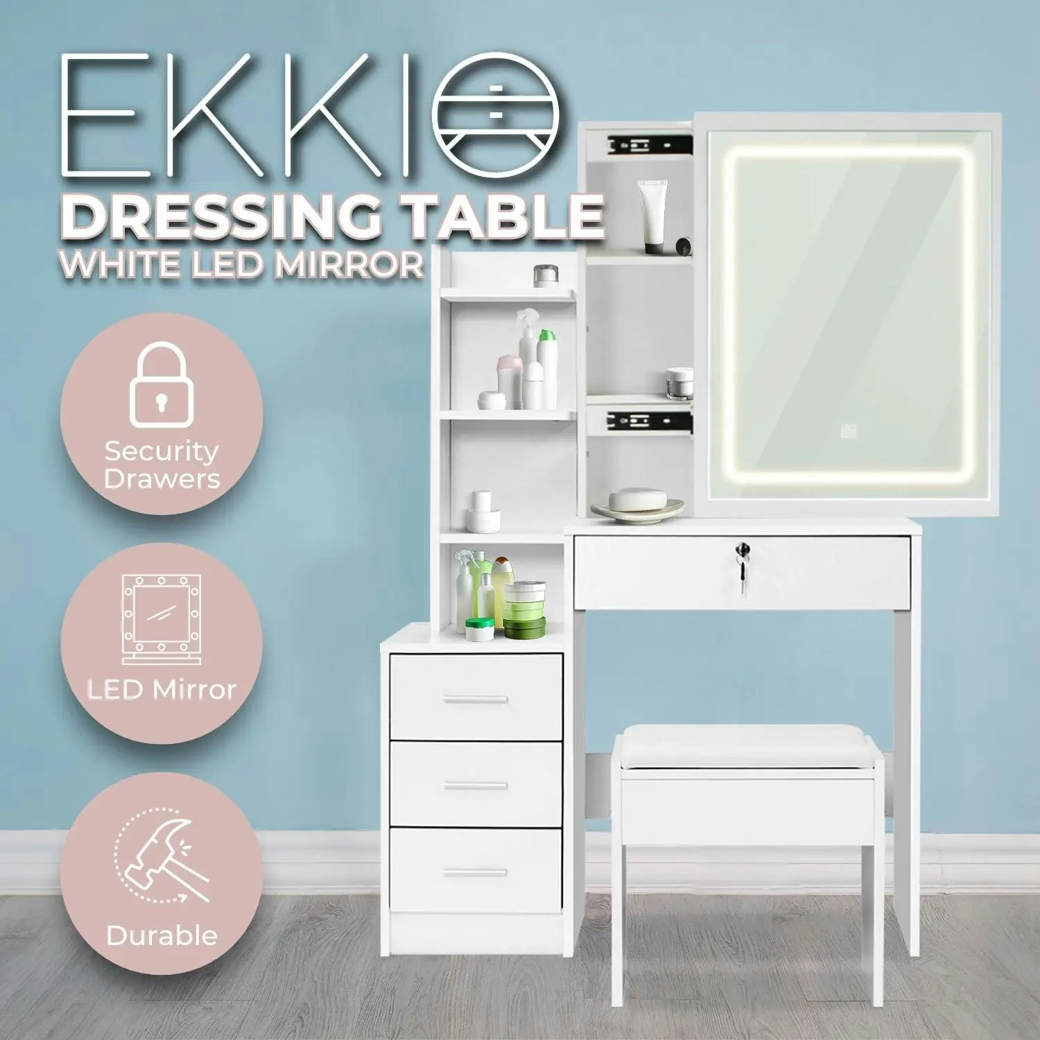 Ekkio Bedroom Dressing Table Set with LED Vanity Mirror and Stool - White