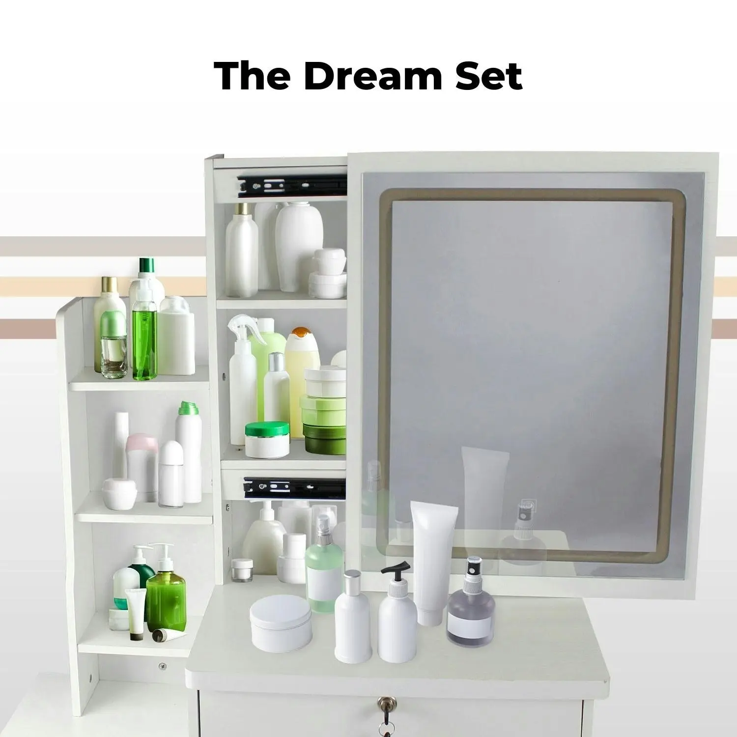 Ekkio Bedroom Dressing Table Set with LED Vanity Mirror and Stool - White