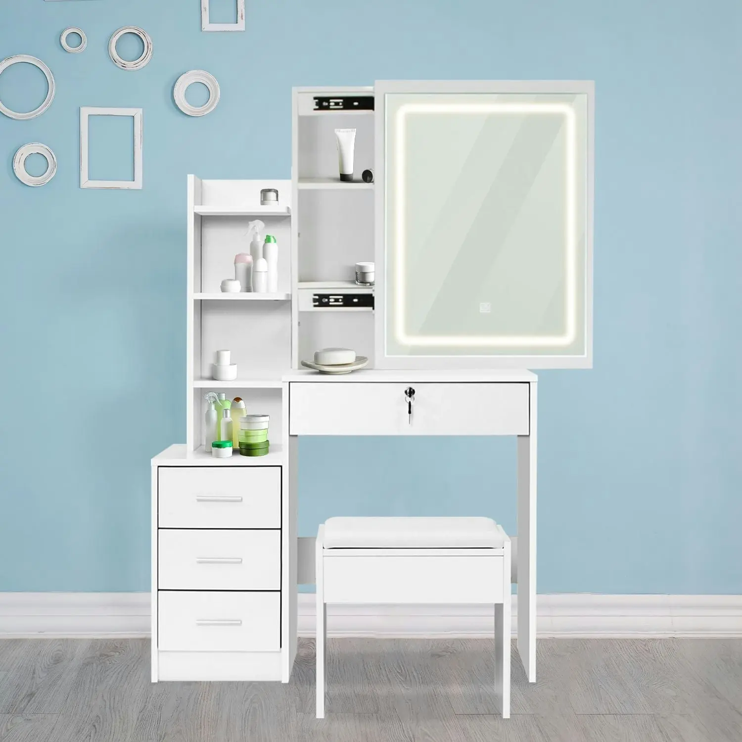 Ekkio Bedroom Dressing Table Set with LED Vanity Mirror and Stool - White