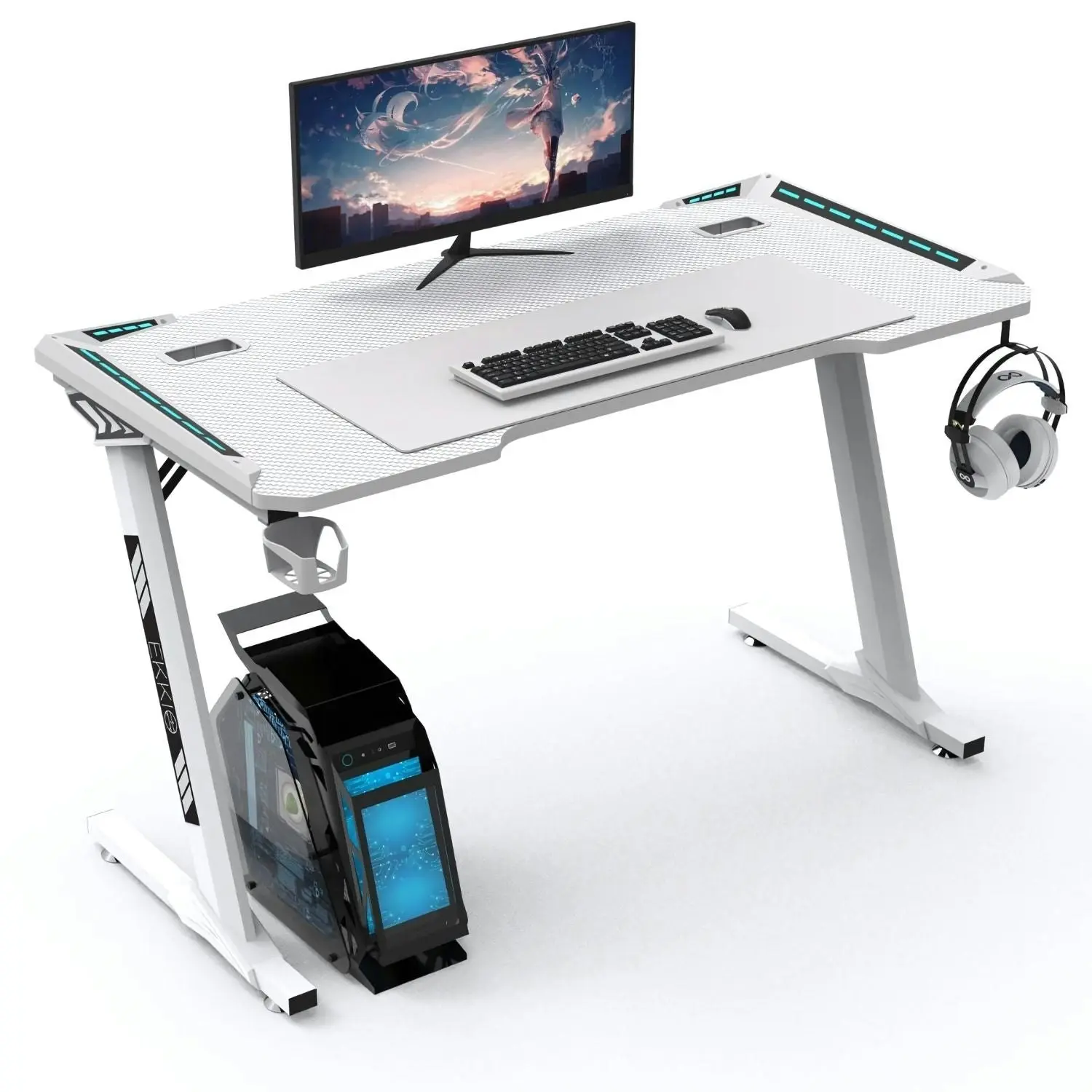 Ekkio 140cm Office Home Z Shape RGB Gaming Table Computer Desk - White