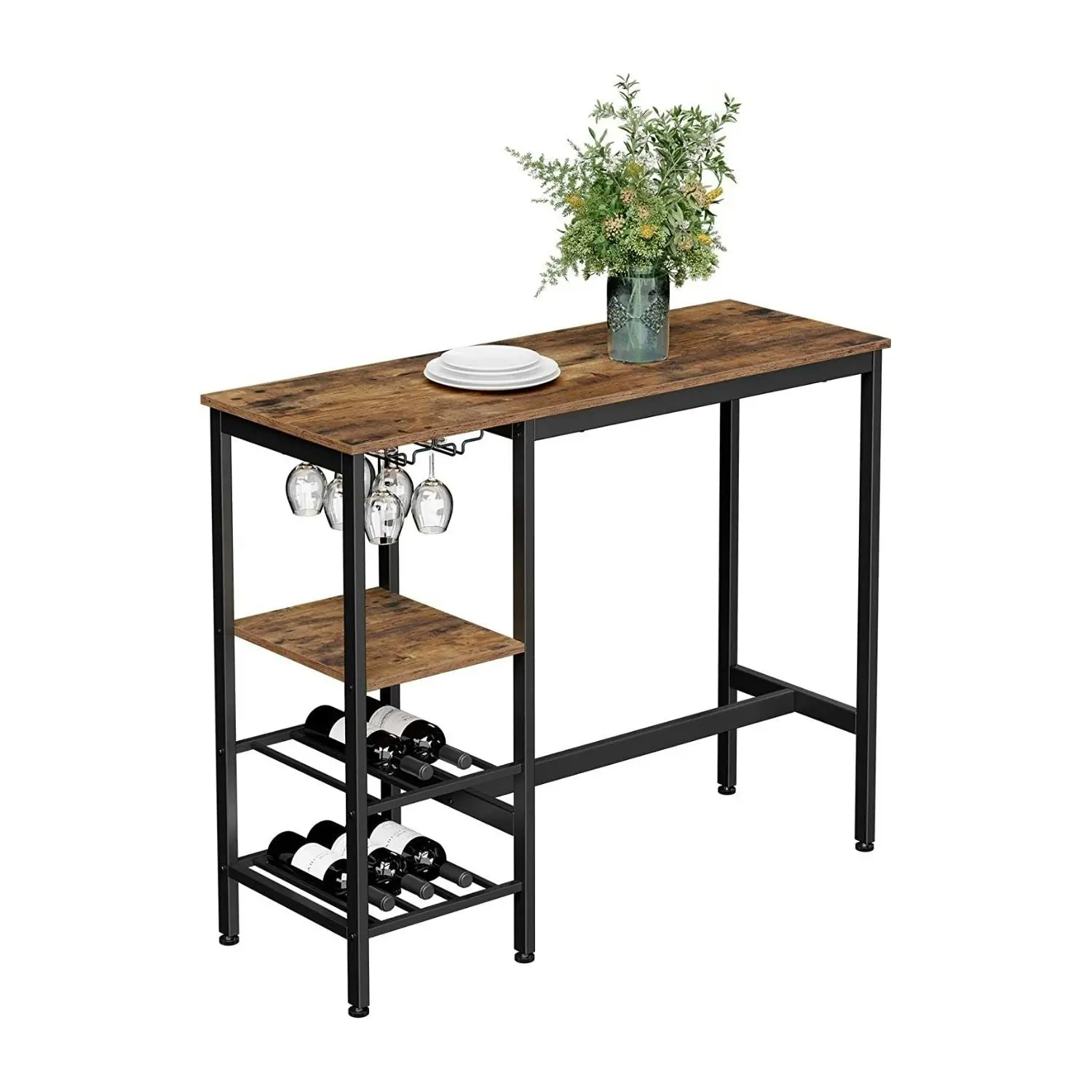 VASAGLE Desk with Wine Bottle and Glass Holder for Kitchen Dining Cafe Bar Table - Rustic Brown